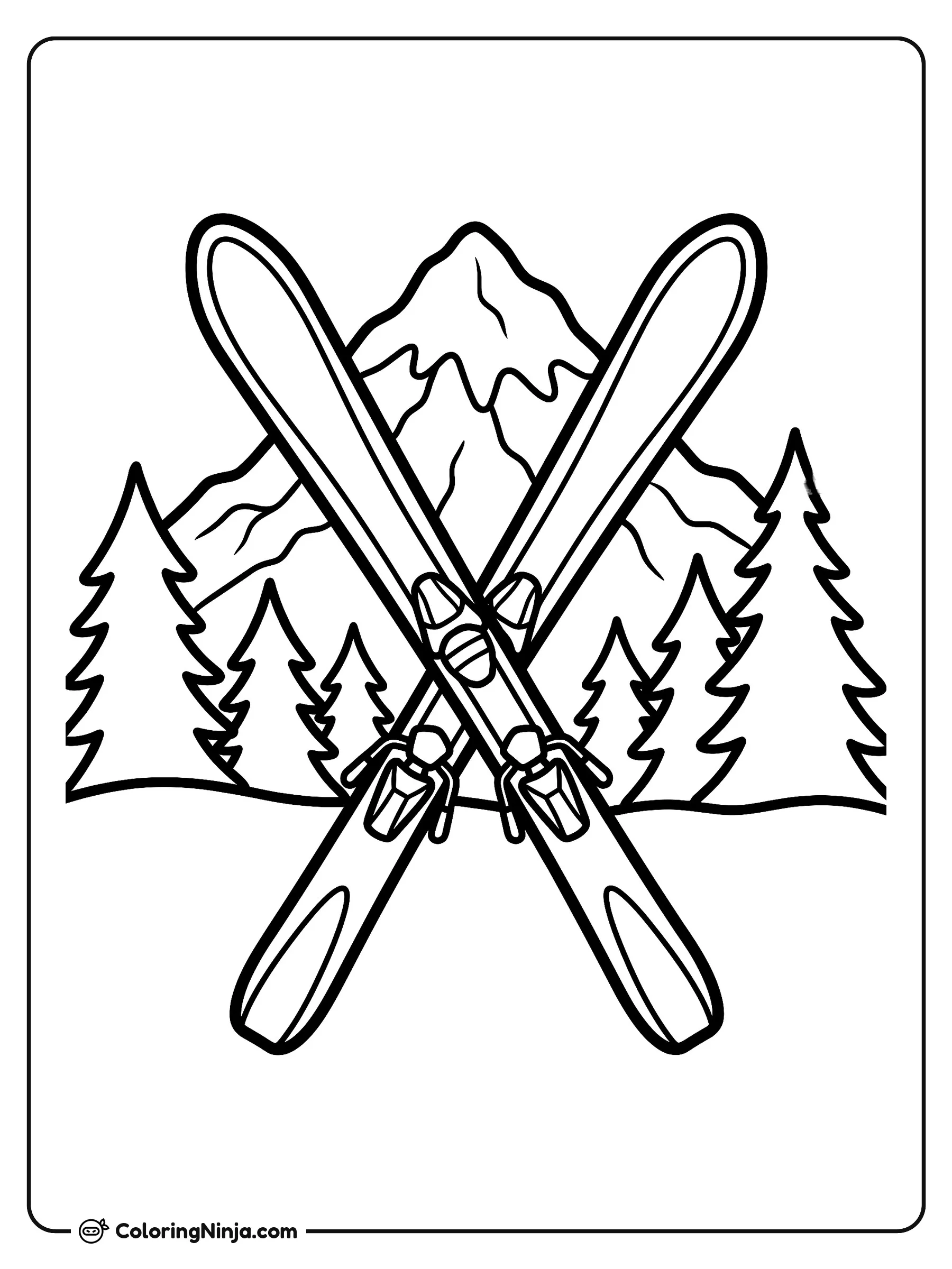 Esquís alpins cruzados en la nieve, dibujo para colorear: Un par de esquís alpinos se encuentran cruzados sobre la nieve con sus fijaciones detalladas. Al fondo, pinos verdes enmarcan un majestuoso pico montañoso cubierto de nieve.