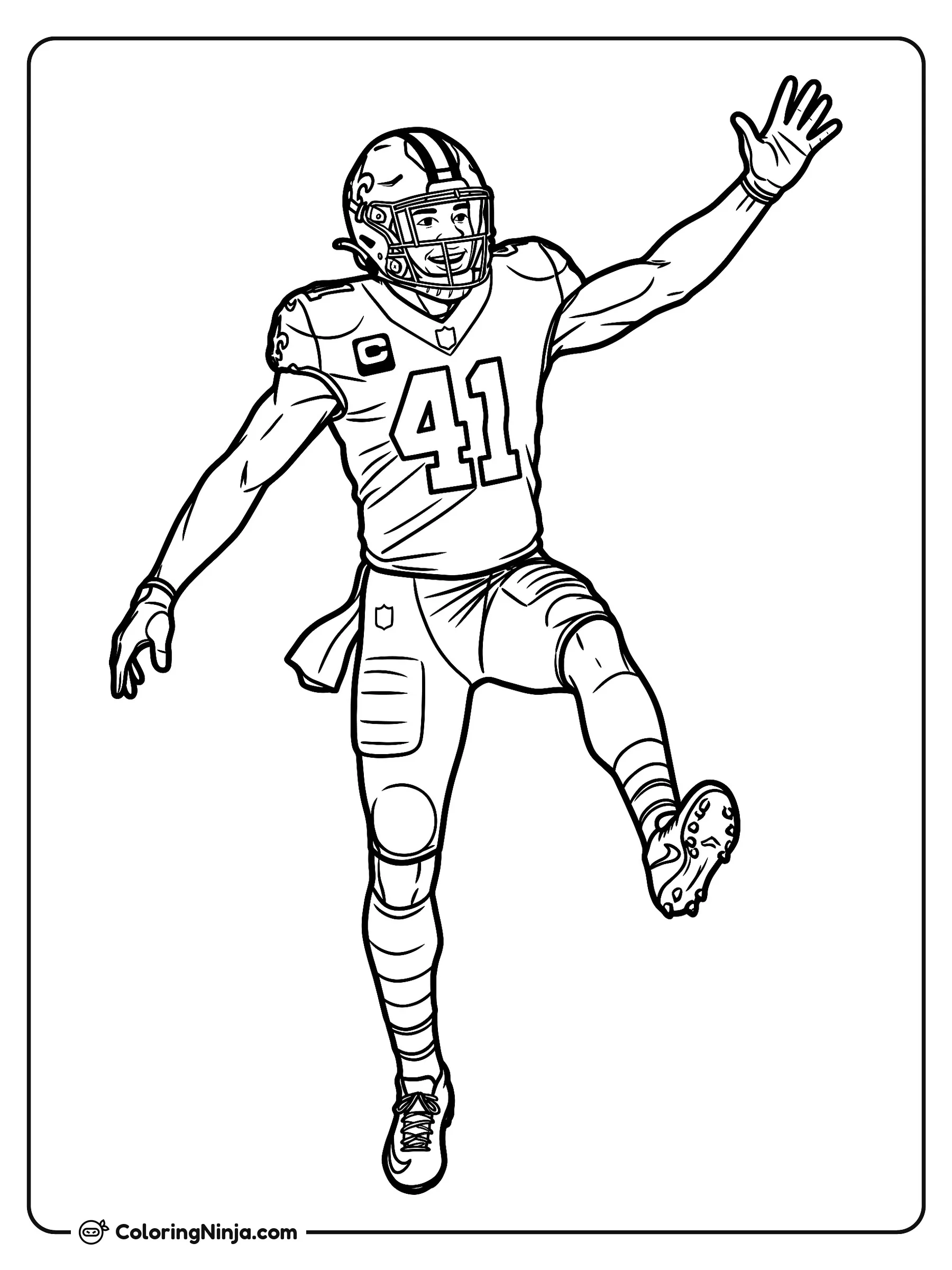 Alvin Kamara Anota un Touchdown, dibujo para colorear: El jugador de fútbol americano Alvin Kamara celebra una anotación portando su casco, guantes y el uniforme con el número 41.
