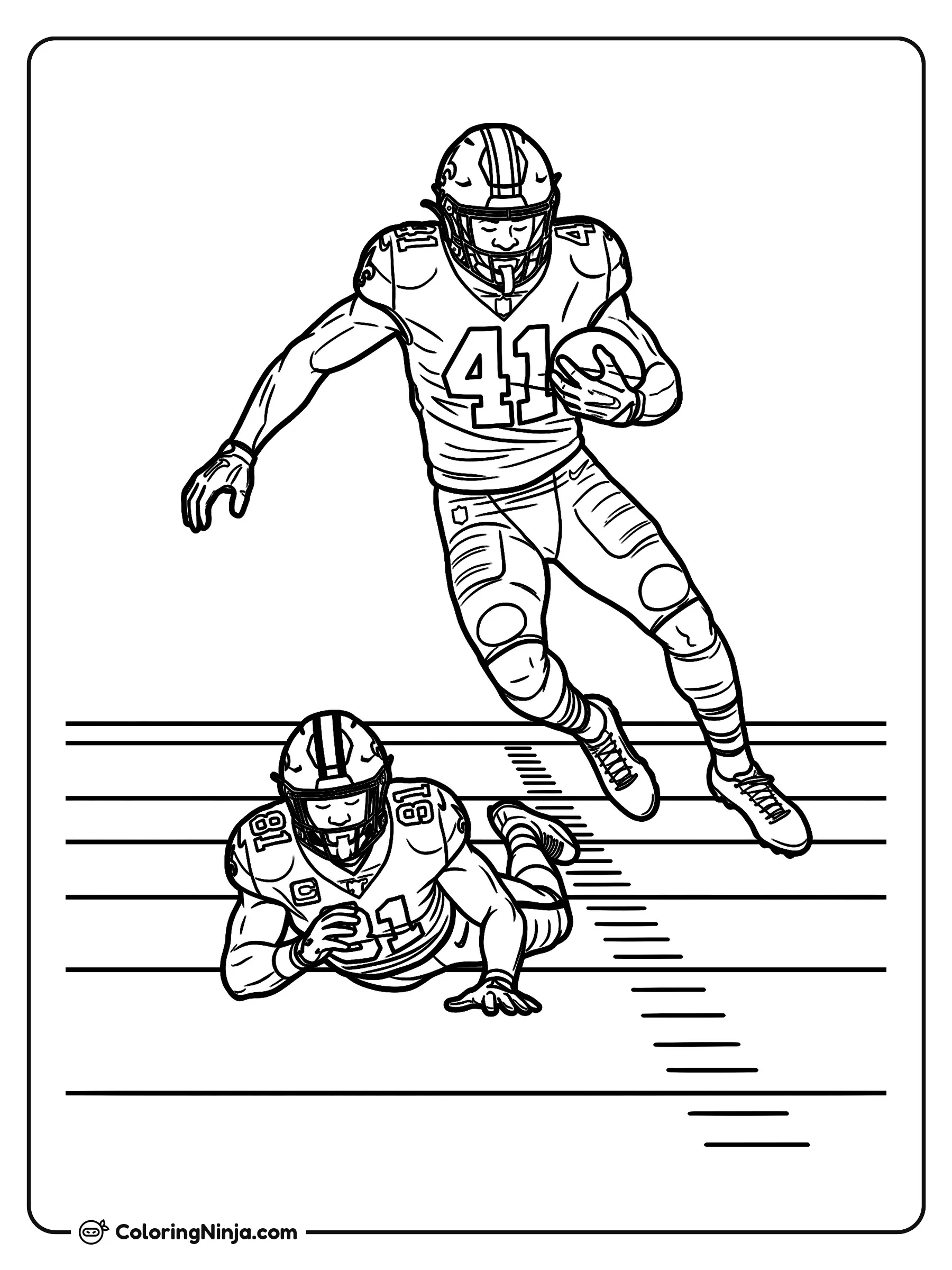 Alvin Kamara saltando a un defensor, dibujo para colorear: La estrella de fútbol americano Alvin Kamara salta por el aire sosteniendo el balón firmemente mientras esquiva a un rival.