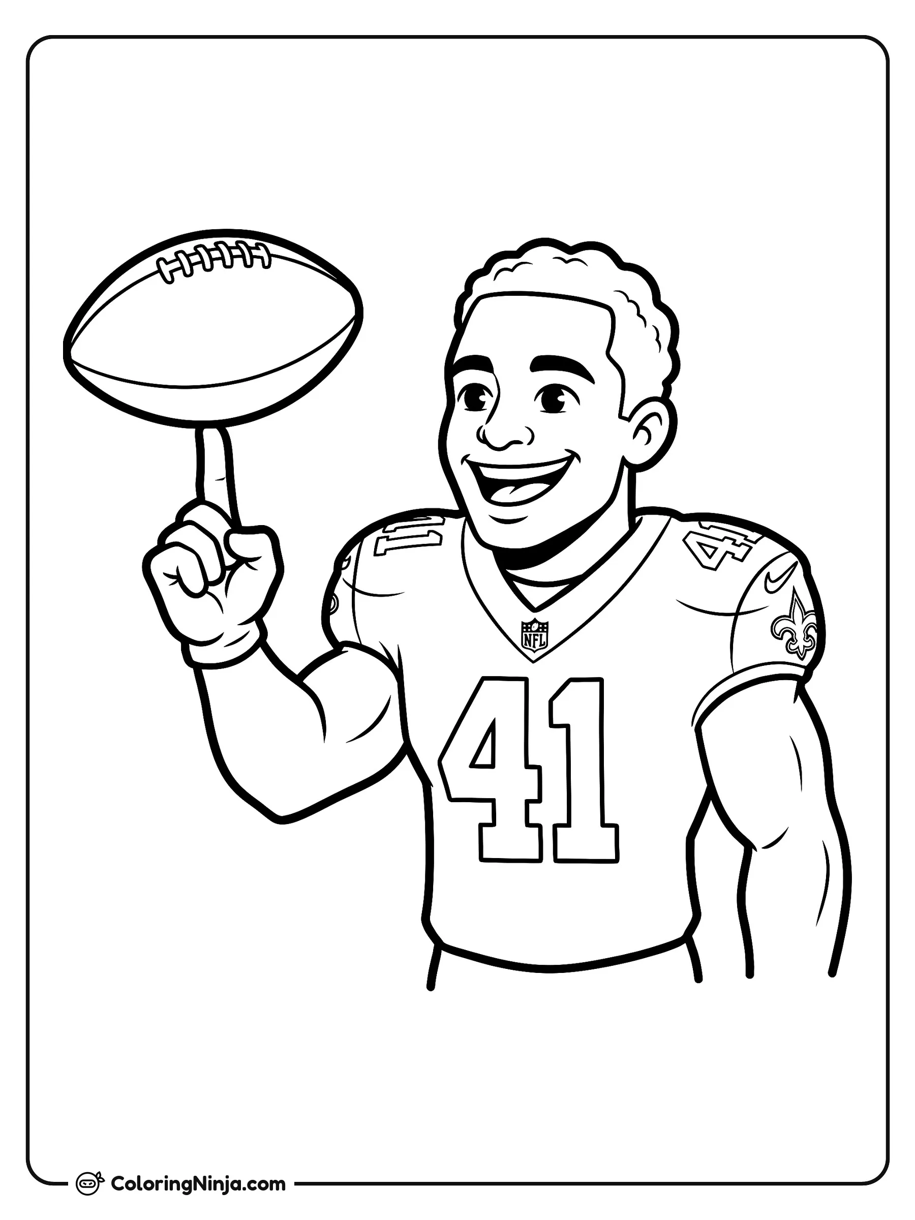 Divertido Alvin Kamara de caricatura, dibujo para colorear: Un alegre Alvin Kamara sonríe mientras mantiene un balón de fútbol americano en equilibrio sobre la punta de su dedo índice.