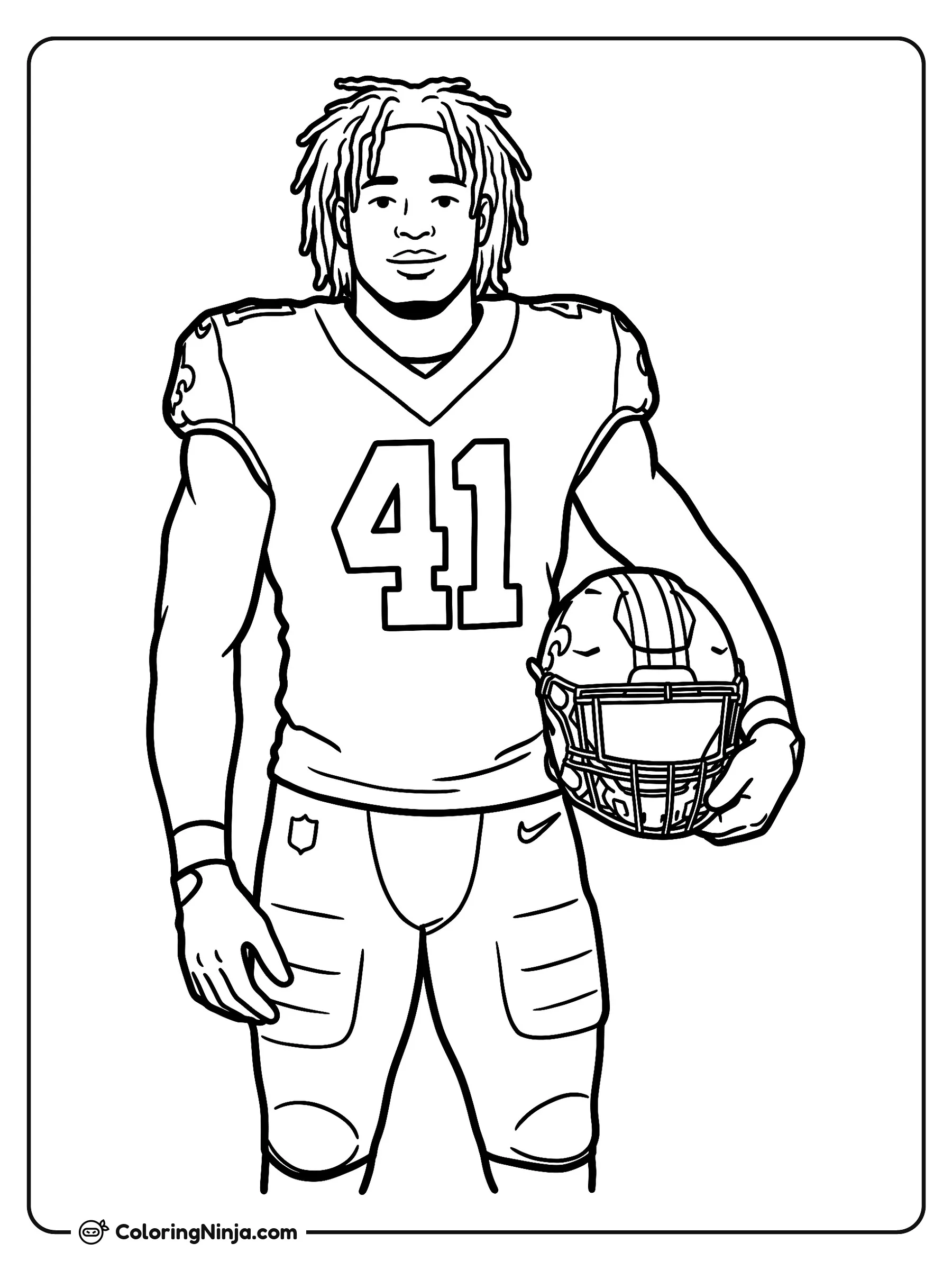 Alvin Kamara con su casco bajo el brazo, dibujo para colorear: El jugador de fútbol americano Alvin Kamara posa de frente con su uniforme completo y el número 41 en la camiseta.