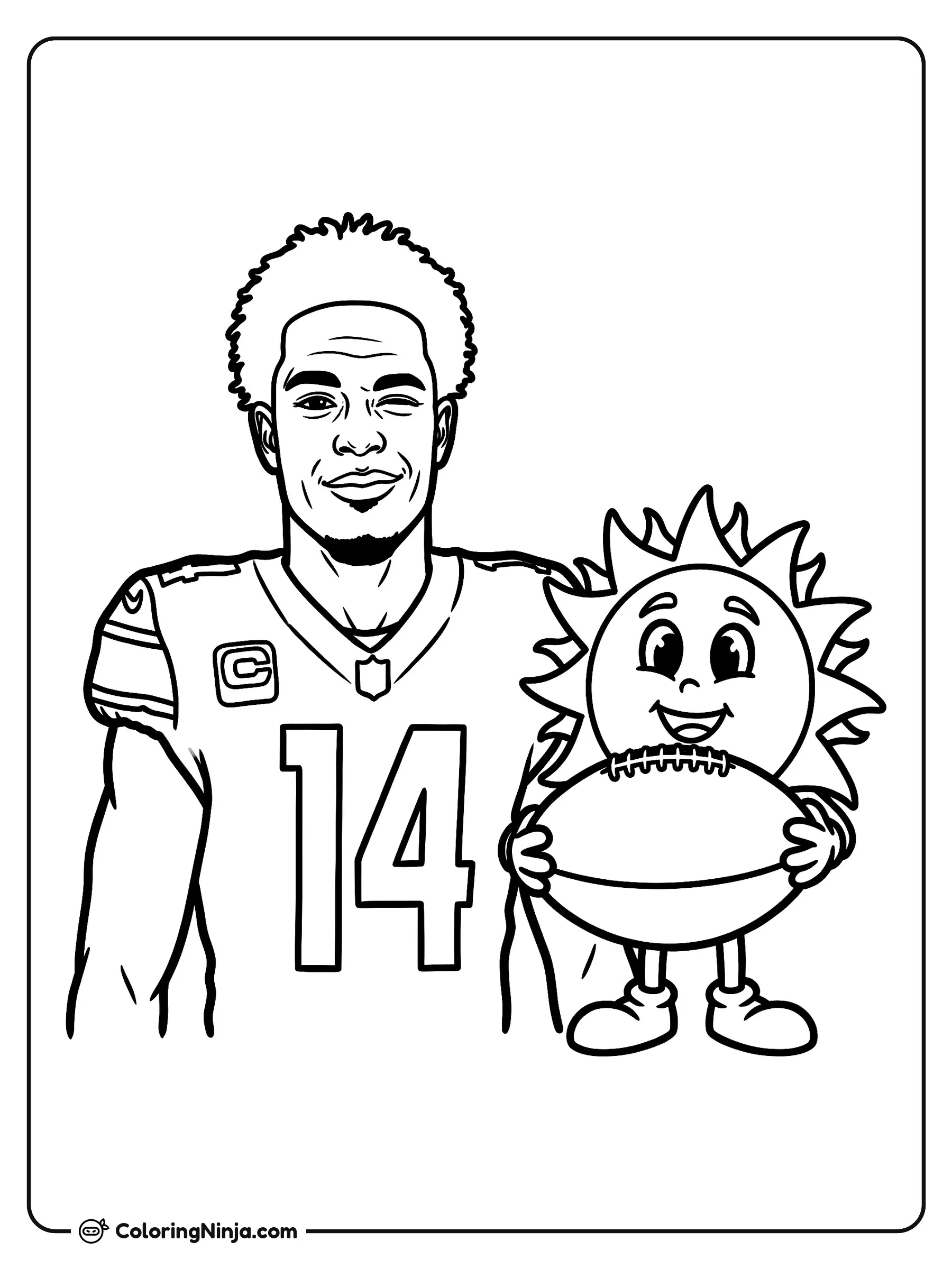 Amon-Ra St. Brown y Sol Animado, dibujo para colorear: Amon-Ra St. Brown posa con su emparrillado luciendo el número catorce en su jersey de fútbol americano.