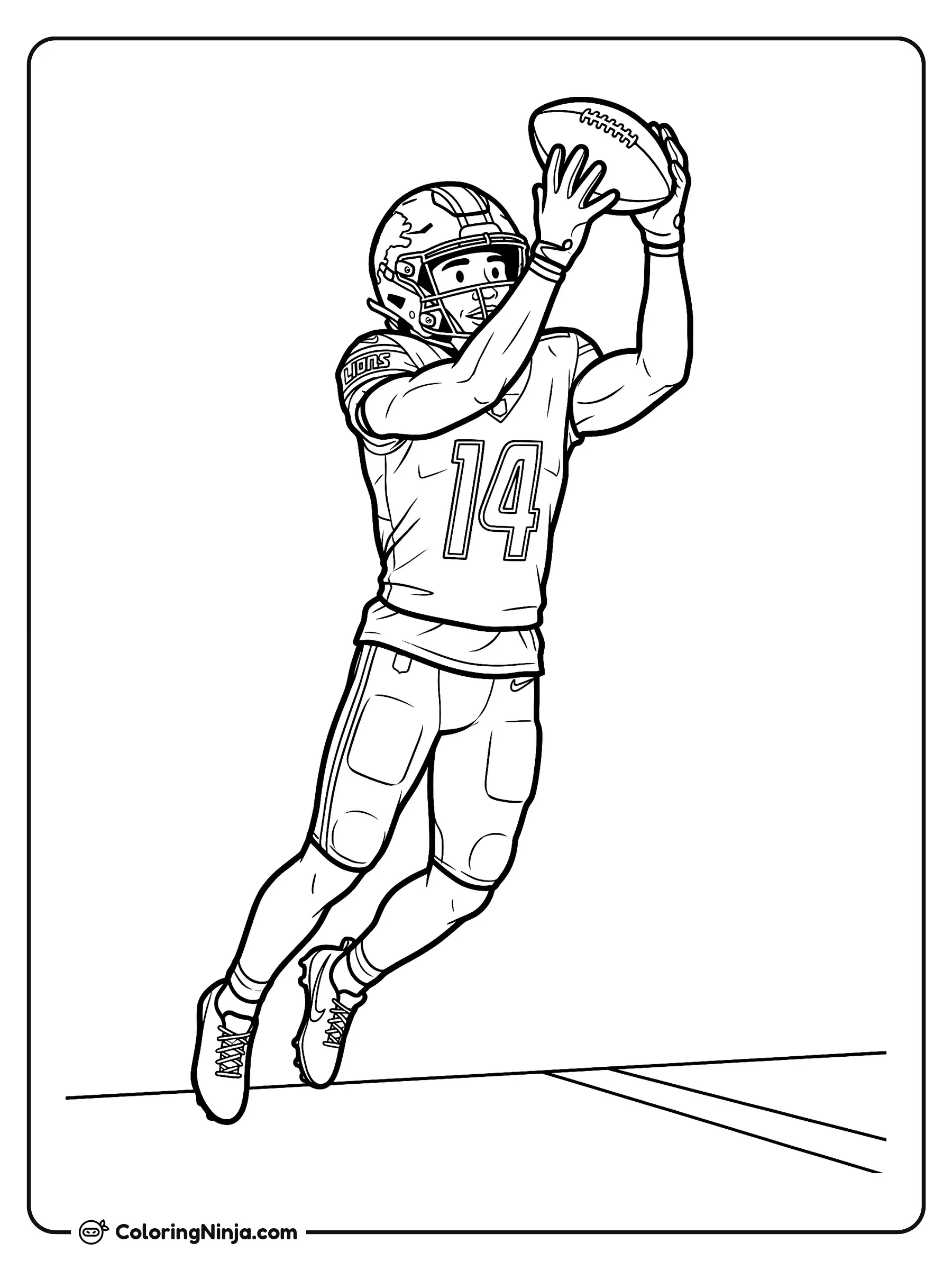 Gran salto de Amon-Ra St. Brown, dibujo para colorear: El jugador de fútbol americano Amon-Ra St. Brown salta muy alto sobre el campo para atrapar un balón con ambas manos.