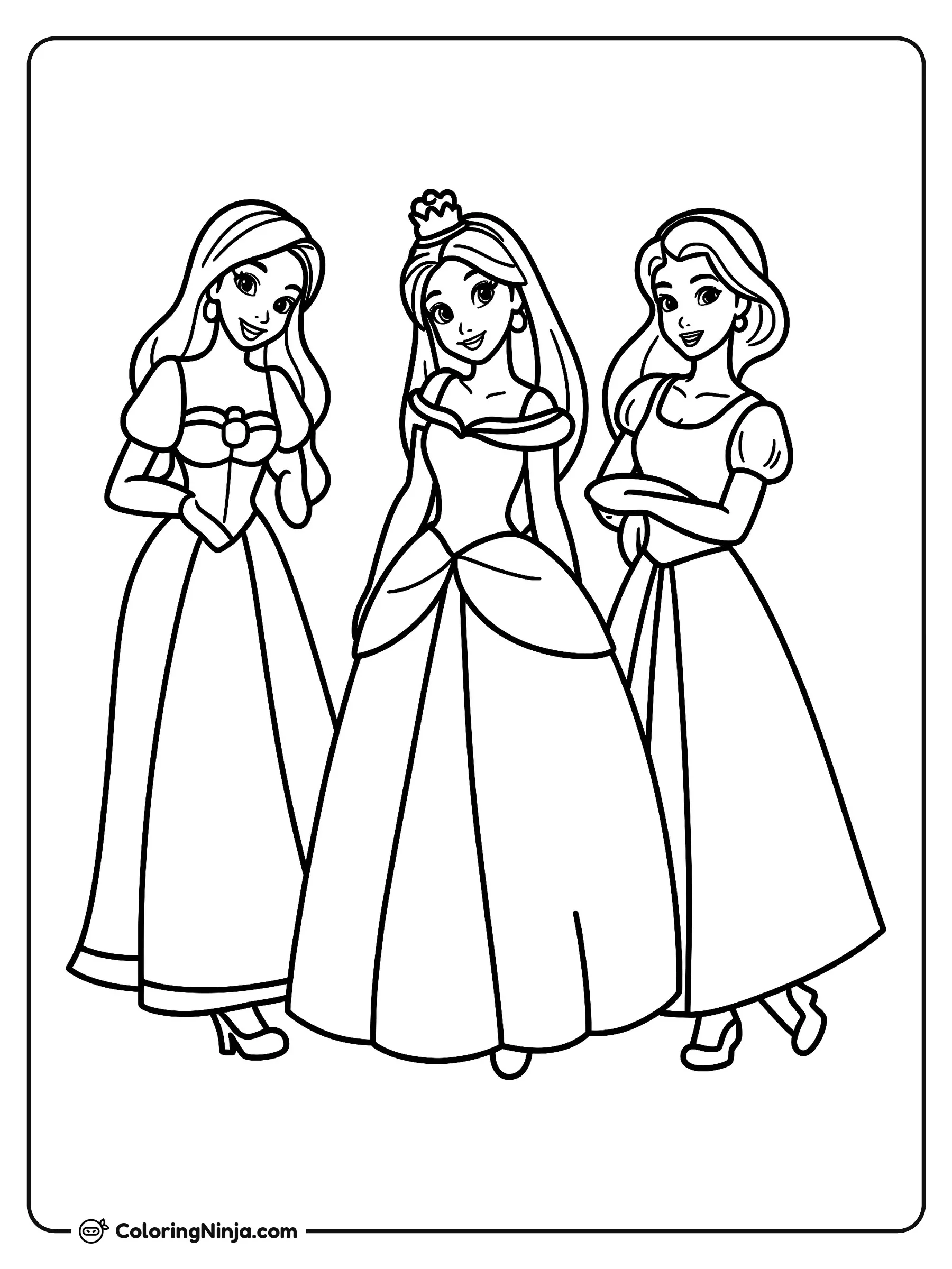 Siete princesas famosas juntas, dibujo para colorear: Tres princesas posan sonrientes lado a lado con sus elegantes vestidos de gala. La figura central lleva una pequeña corona sobre su largo cabello, acompañada por sus dos amigas.