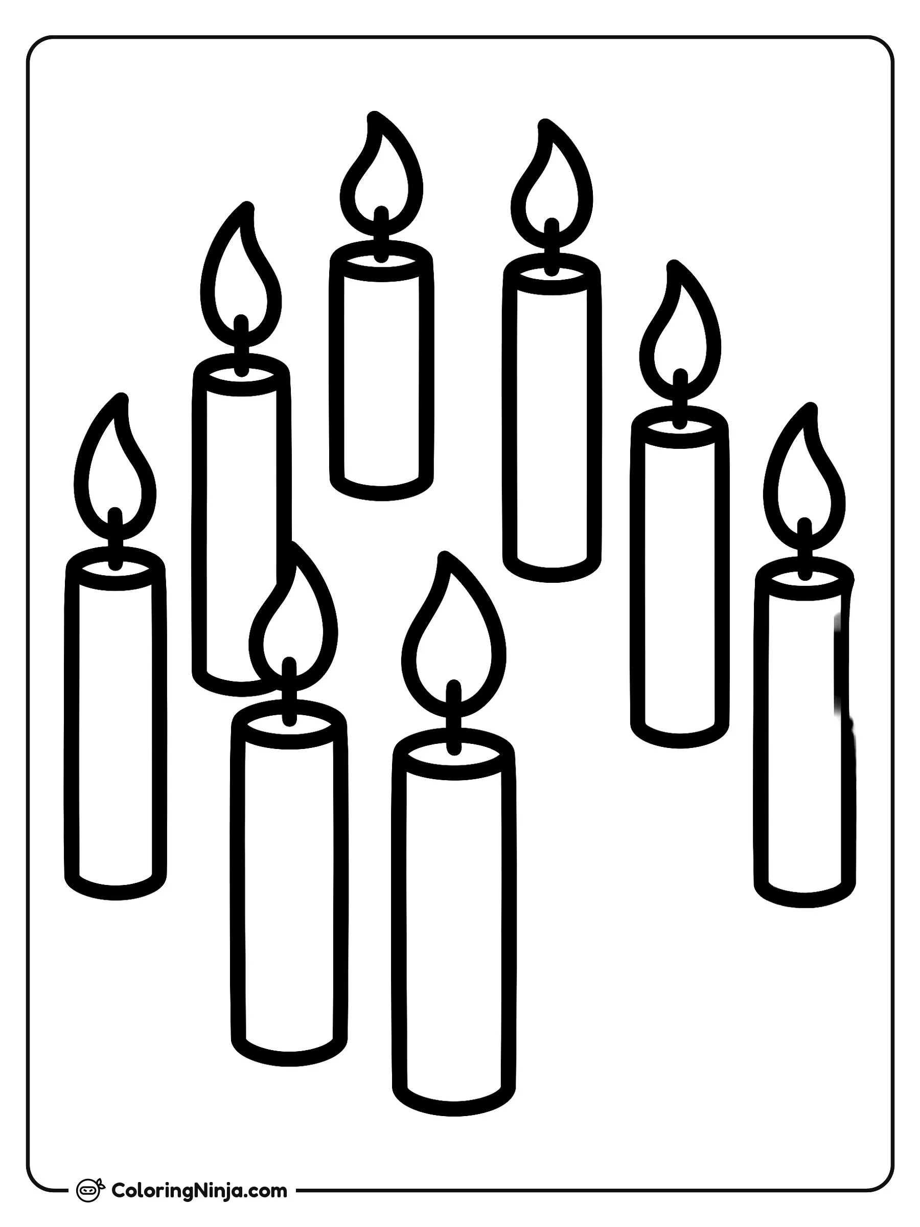 Eight Glowing Hanukkah Candles Coloring Page: Eight individual candles are lined up across the page, varying slightly in height with detailed flame outlines above each wick.