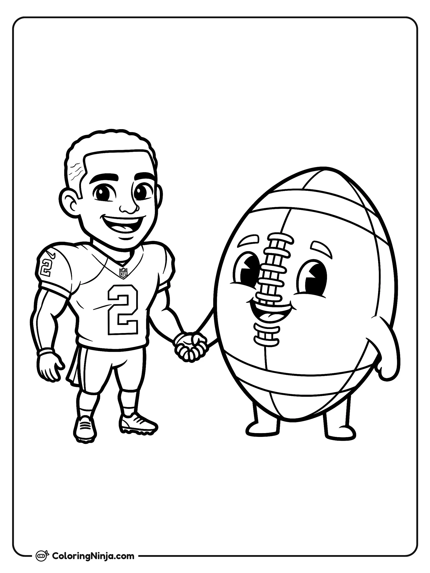 Ashton Jeanty y Mascota Animada, dibujo para colorear: Ashton Jeanty viste su uniforme de fútbol americano con el número dos mientras sonríe y le da la mano a una amigable mascota animada con forma de balón.