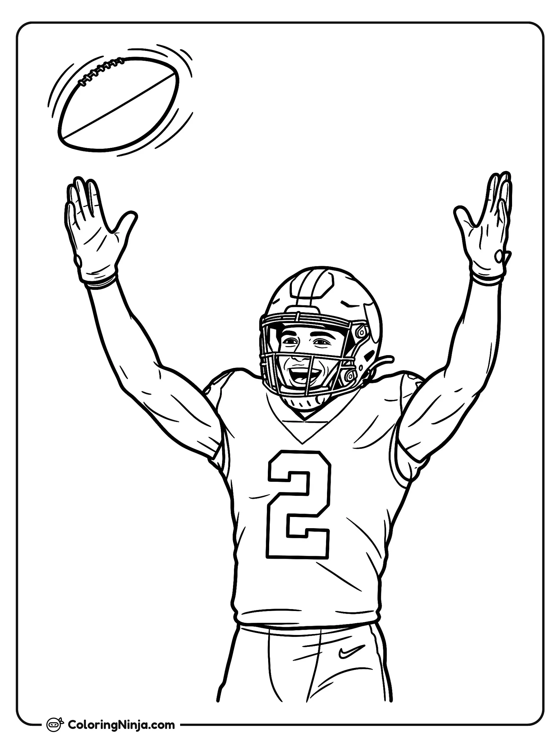 Celebración de touchdown de Ashton Jeanty, dibujo para colorear: El jugador de fútbol americano Ashton Jeanty celebra una anotación con una gran sonrisa y los brazos en alto mientras el balón gira en el aire.
