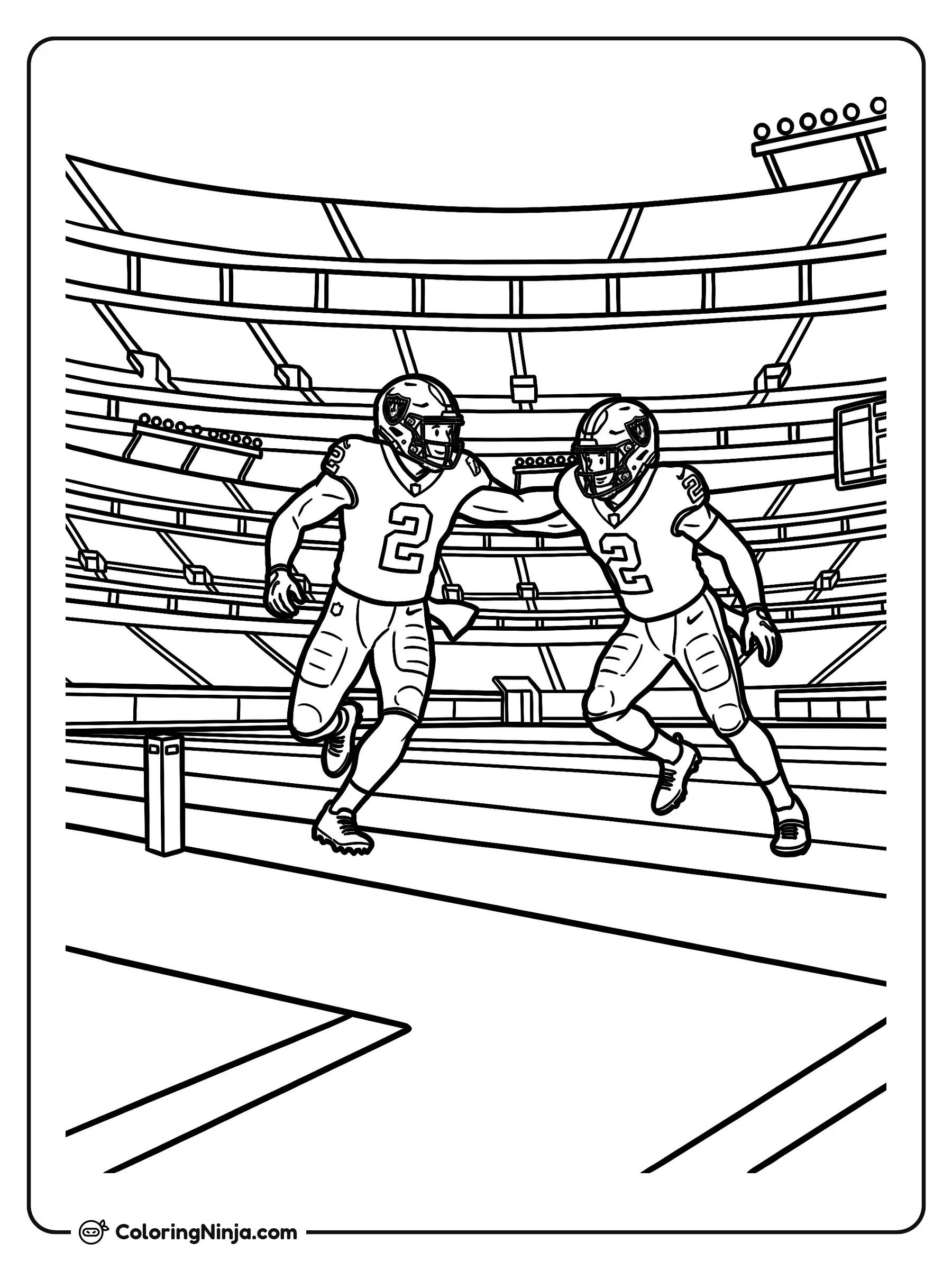 Ashton Jeanty realizando un stiff arm, dibujo para colorear: El jugador de fútbol americano Ashton Jeanty extiende un potente brazo para esquivar a un defensor cerca de la banda del estadio.