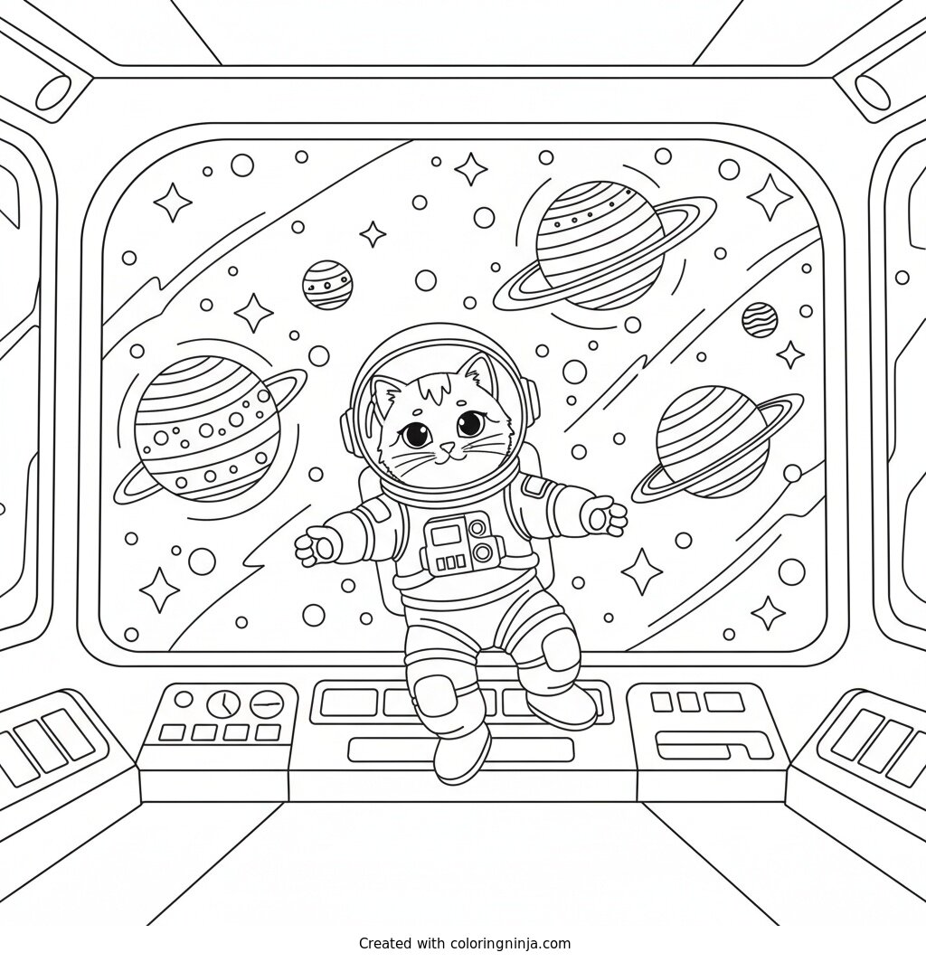 Space Explorer Kitty's Big Adventure Coloring Page