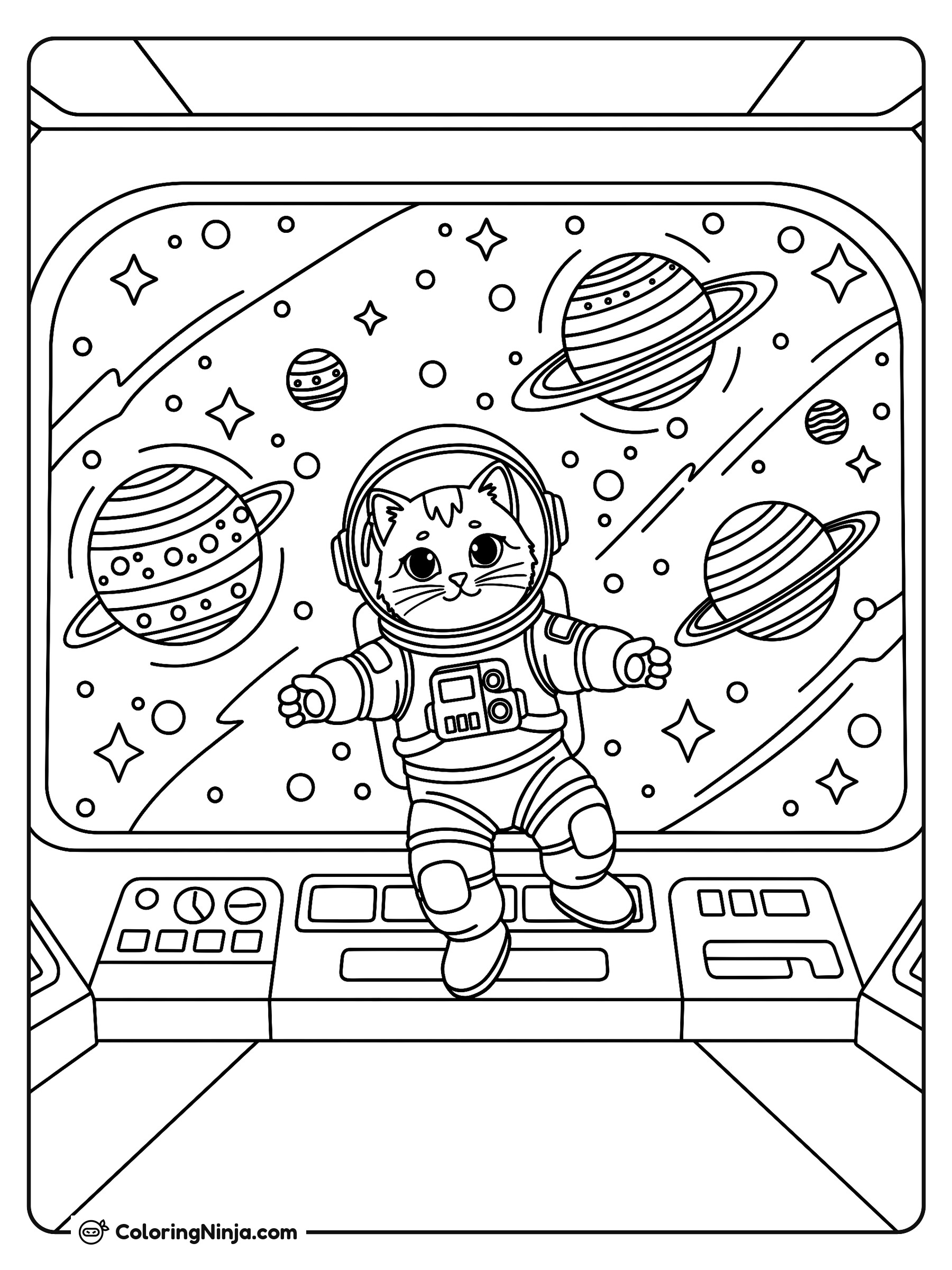 La gran aventura del gatito explorador espacial: dibujo para colorear