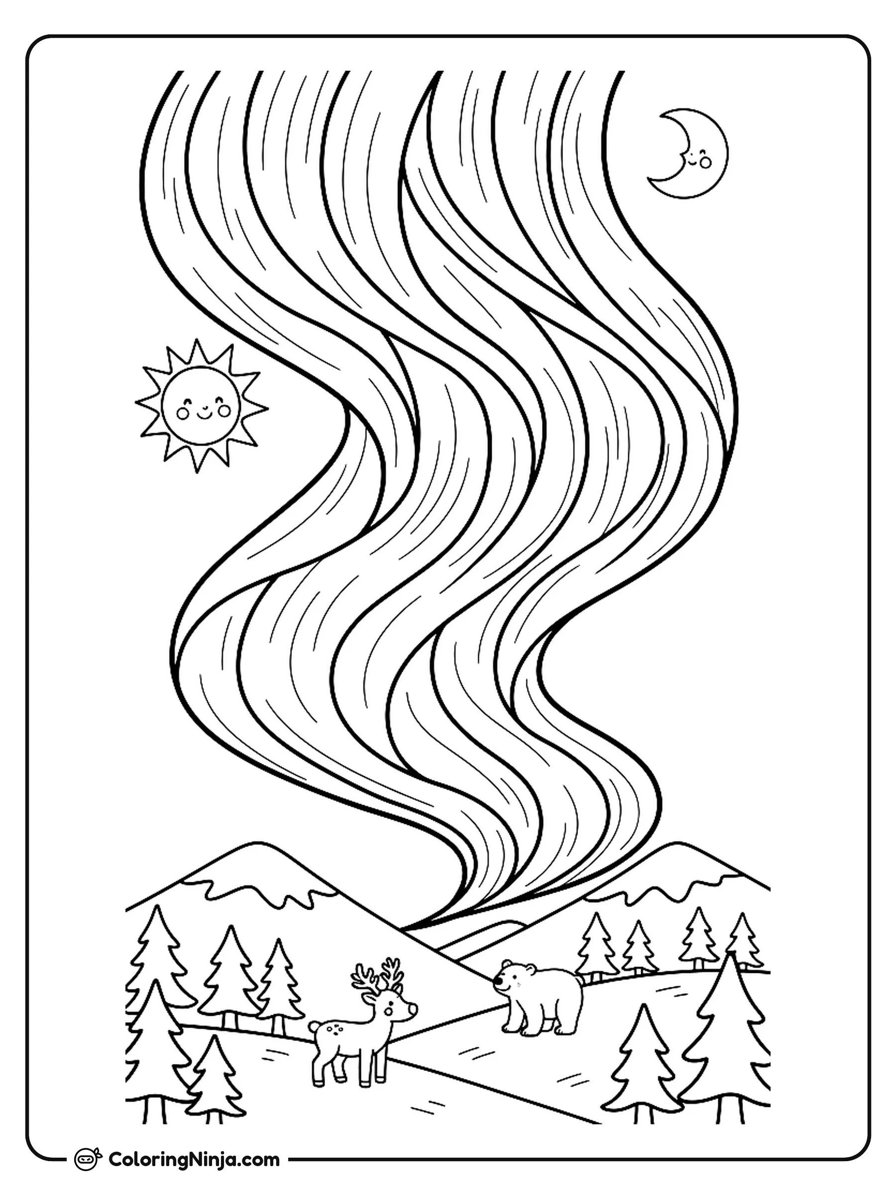 Northern Lights Coloring Page: This page displays the northern lights dancing across a starry night sky above a snowy landscape. Gentle swirls of light flow over tall pine trees and smooth, snow-covered hills.