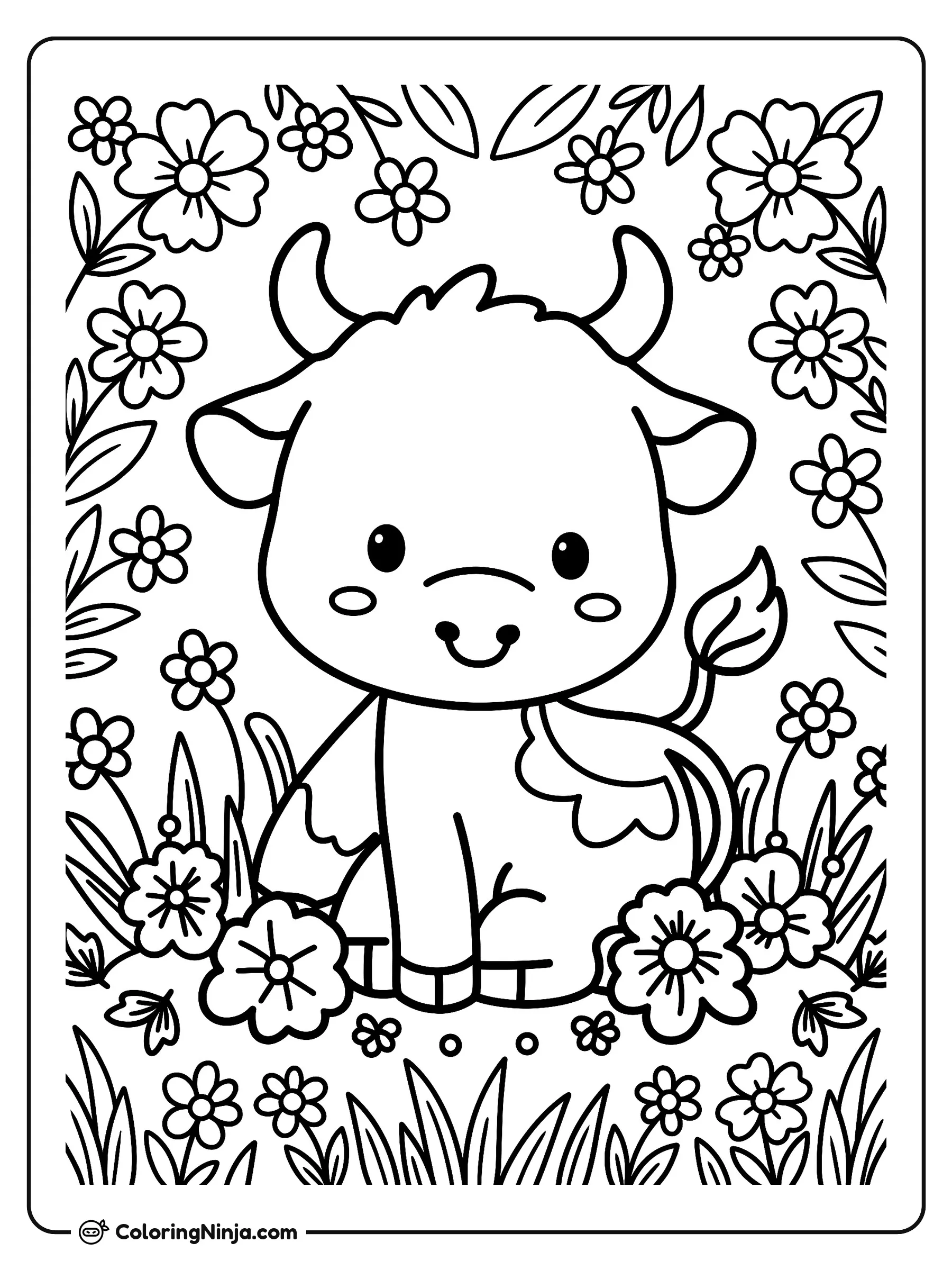 Lindo ternero en un campo de flores, dibujo para colorear: Un tierno ternerito descansa alegremente en medio de un prado lleno de hermosas flores y hierba. Sus formas sencillas y grandes espacios facilitan el coloreado con crayones o plumones.
