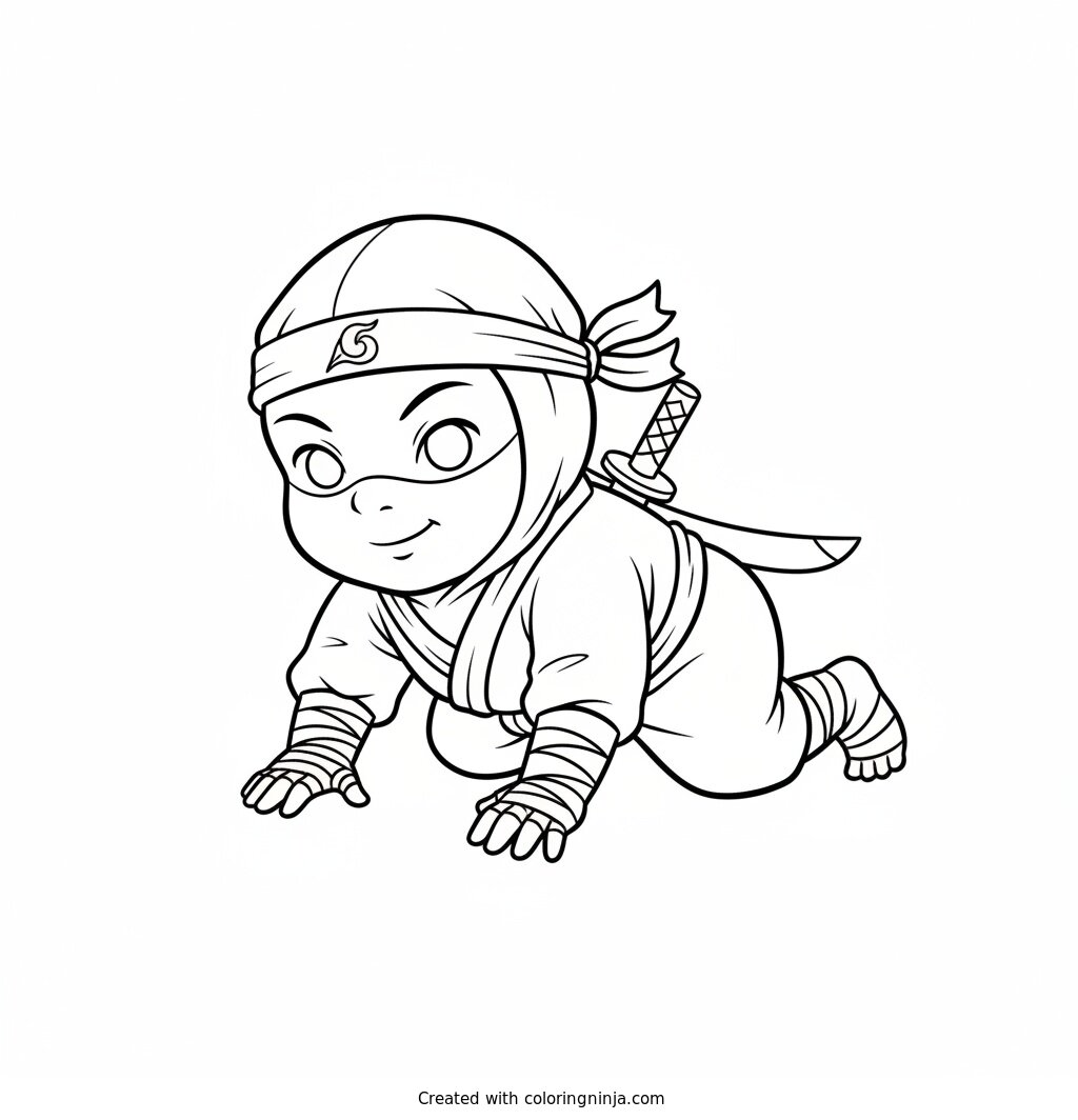 Coloring page of Baby ninja crawling with a tiny headband