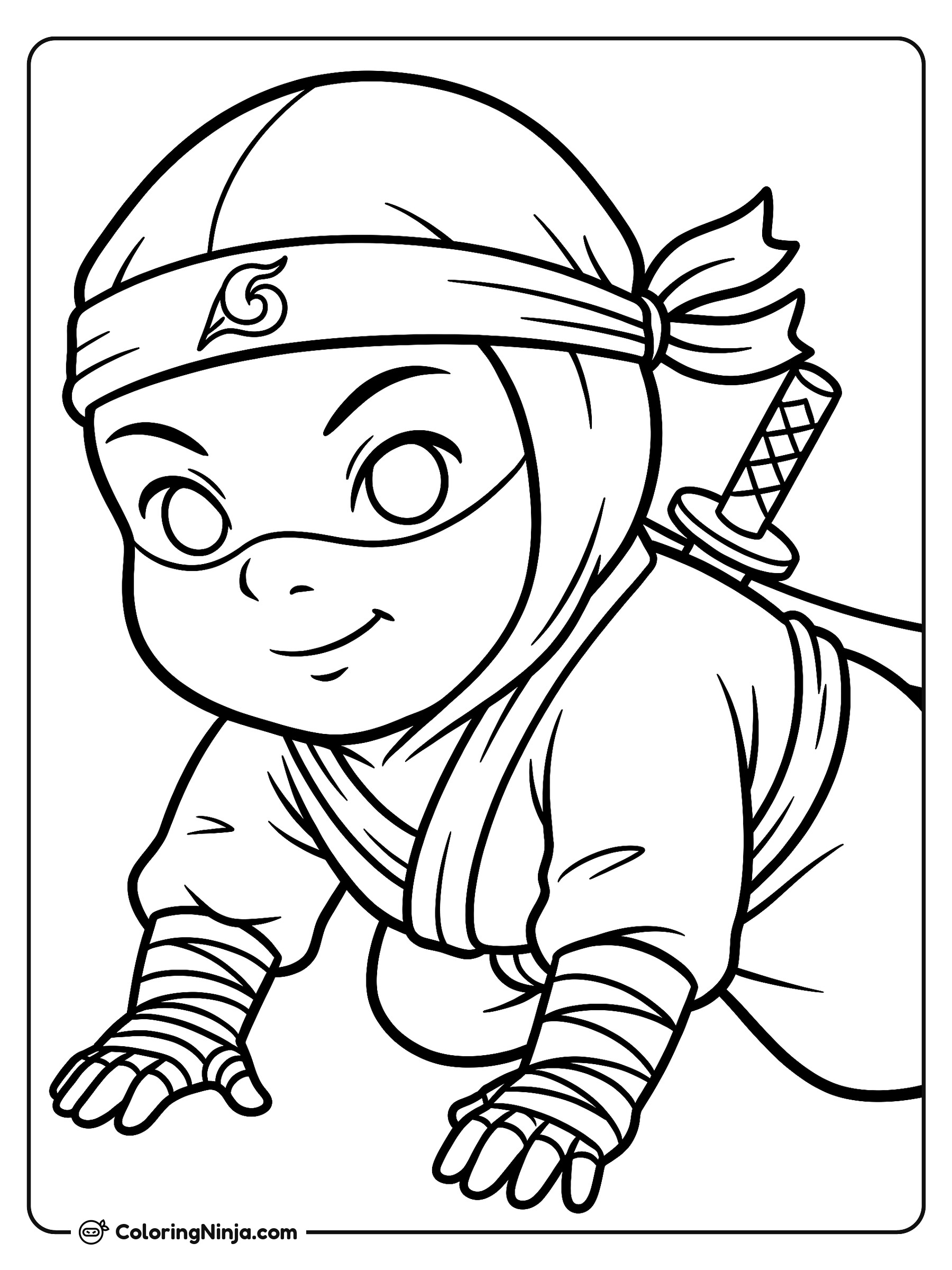 Bebé ninja gateando con una pequeña cinta: dibujo para colorear