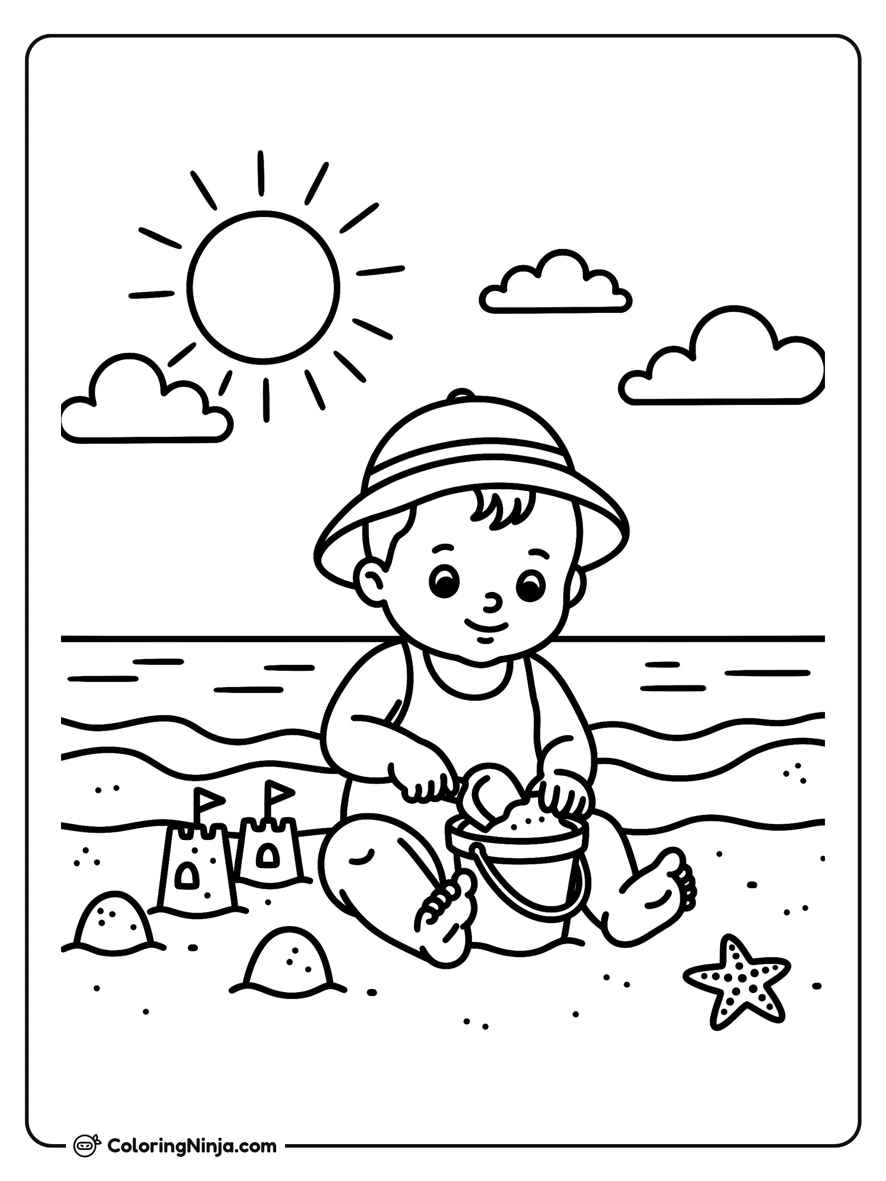 Bebé jugando en la playa, dibujo para colorear: Un alegre bebé con sombrero de sol se divierte en la orilla de la playa llenando su cubeta de arena.