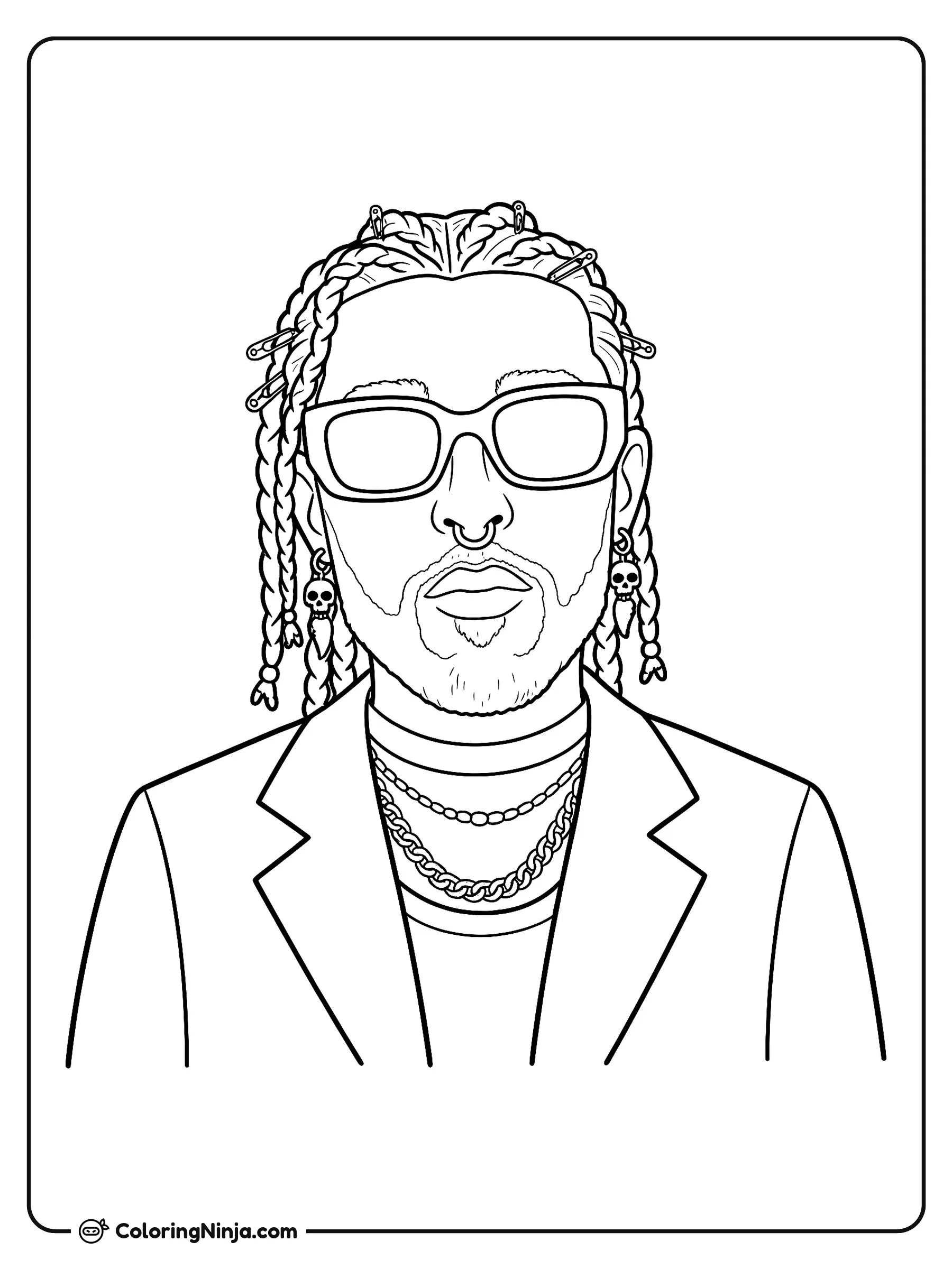 Bad Bunny con trenzas y lentes de sol, dibujo para colorear: Bad Bunny luce un estilo moderno con cabello trenzado decorado con broches, gafas de sol grandes y barba corta.