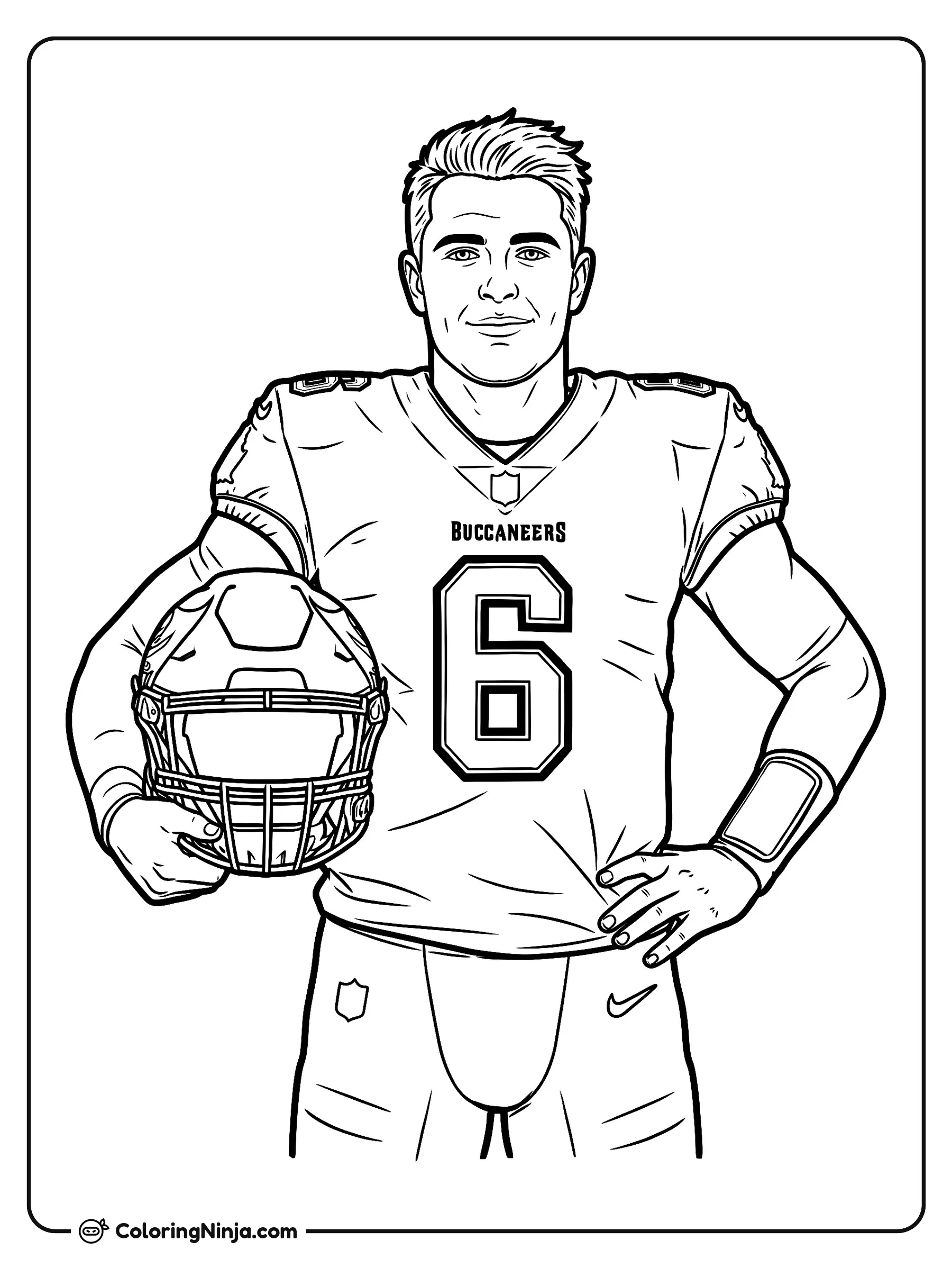 Retrato de Baker Mayfield en la banda, dibujo para colorear: Baker Mayfield posa en la banda con su uniforme de los Buccaneers, sosteniendo su casco de fútbol americano bajo el brazo y apoyando la otra mano en la cadera.