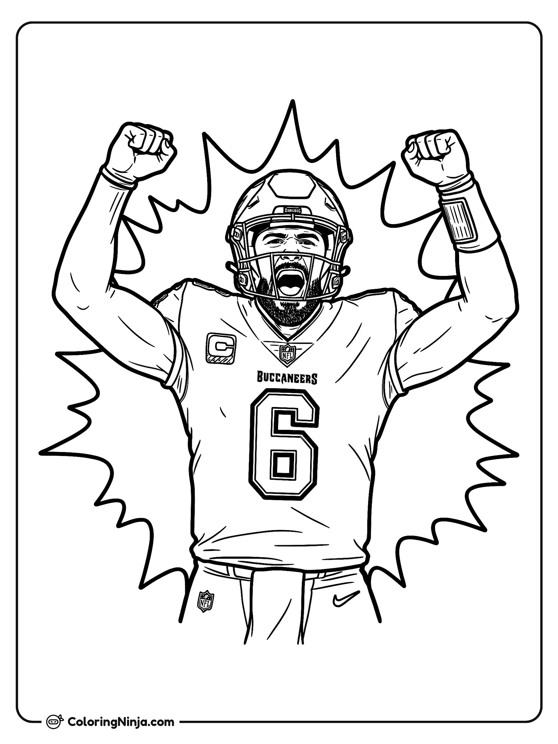 Baker Mayfield celebrando un touchdown, dibujo para colorear: Baker Mayfield lleva puesto su casco de fútbol americano, una muñequera y el jersey número seis de los Tampa Bay Buccaneers mientras levanta los puños y grita de emoción.