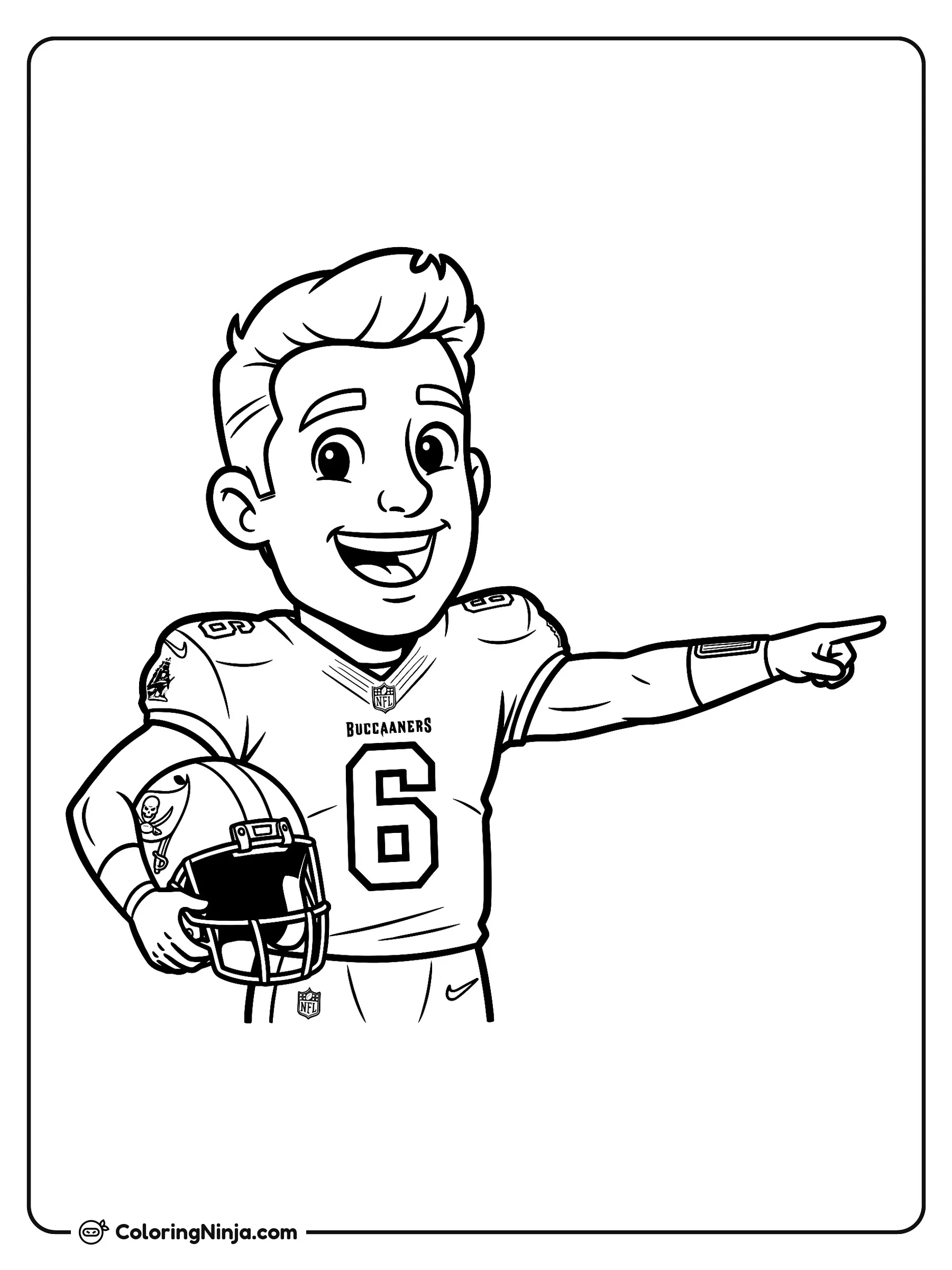 Estrella de Fútbol Americano Baker Mayfield Cartoon, dibujo para colorear: Baker Mayfield viste su camiseta con el número 6 mientras apunta hacia adelante y sonríe alegremente. Lleva el casco de su equipo sujeto firmemente debajo del otro brazo.