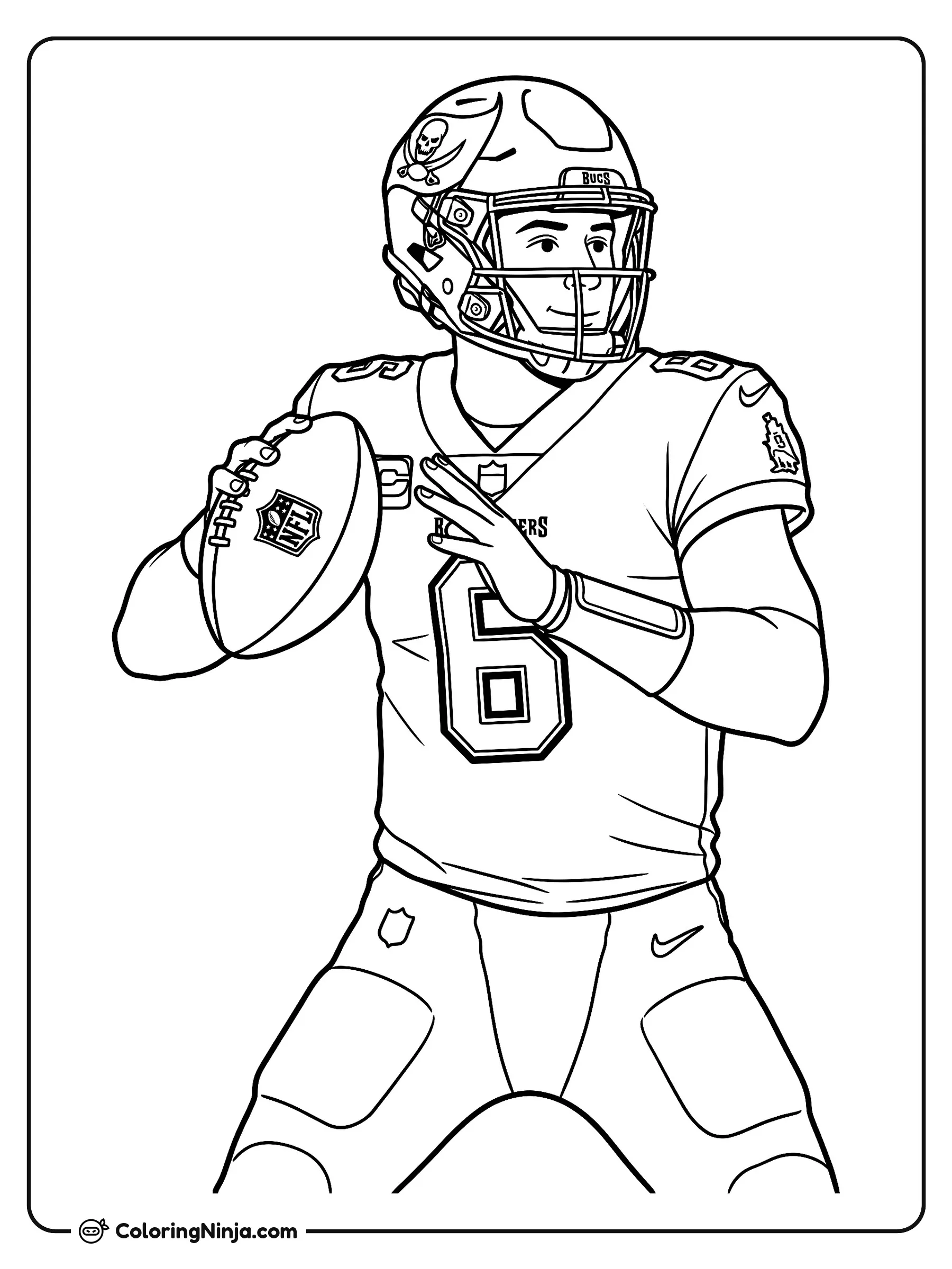 Baker Mayfield lanzando un pase largo, dibujo para colorear: Baker Mayfield aparece listo con su uniforme de fútbol americano, sosteniendo el balón para hacer un lanzamiento profundo.