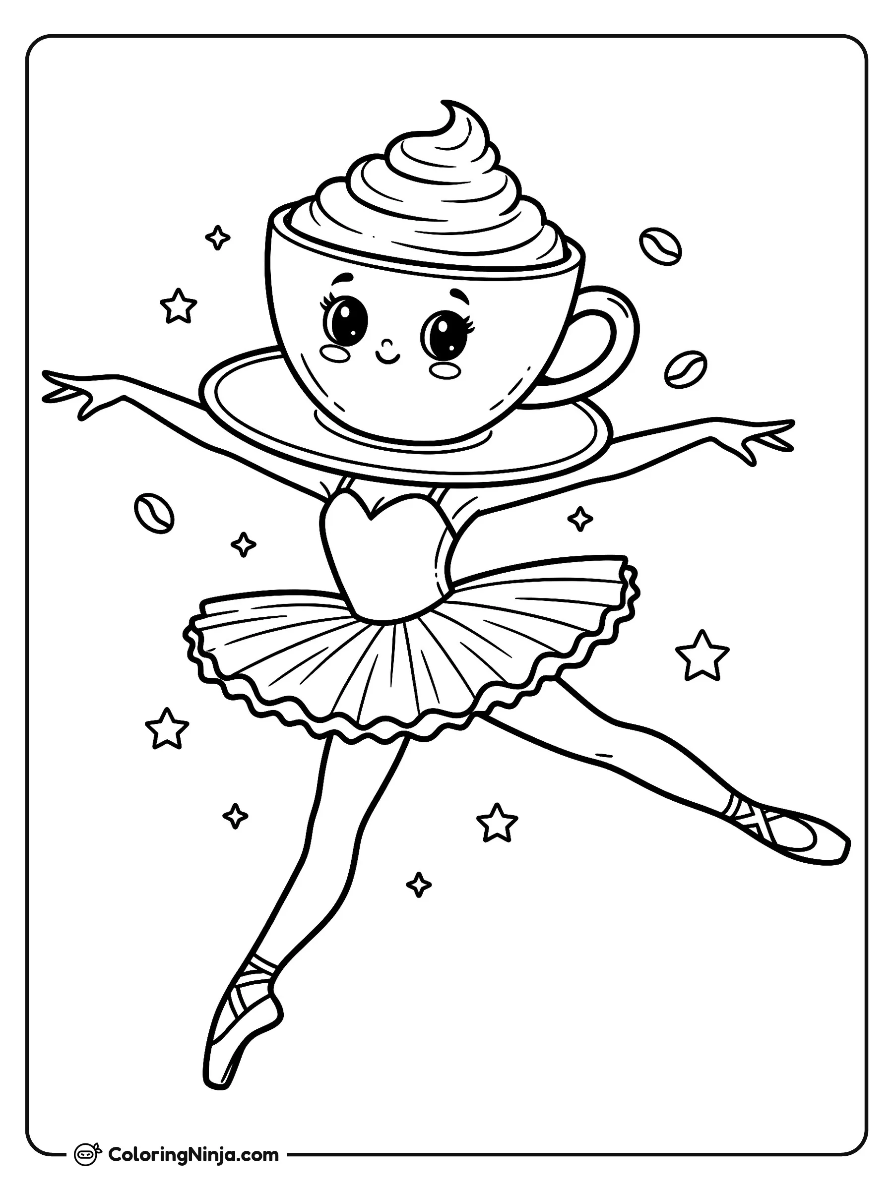 Ballerina Cappuccina dando un salto, dibujo para colorear: Ballerina Cappuccina realiza un elegante salto de ballet con su taza llena de crema batida como cabeza.