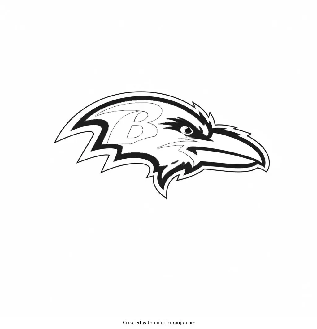 Logo de los Baltimore Ravens, dibujo para colorear: Este dibujo muestra la cabeza de un cuervo de perfil con la letra B en un costado, el emblemático escudo de los Baltimore Ravens.