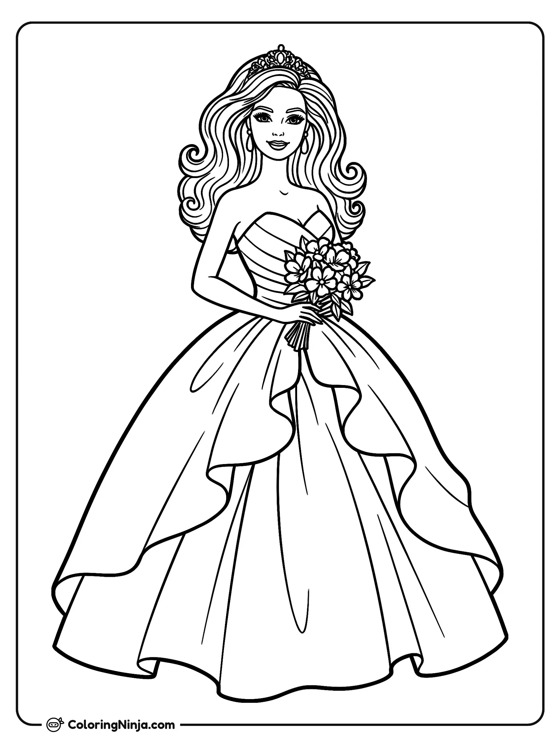Muñeca Barbie con vestido de gala, dibujo para colorear: Una elegante muñeca Barbie luce un hermoso vestido de gala con capas y lleva una tiara en su largo cabello ondulado. Sostiene un pequeño ramo de flores frente a su vestido.