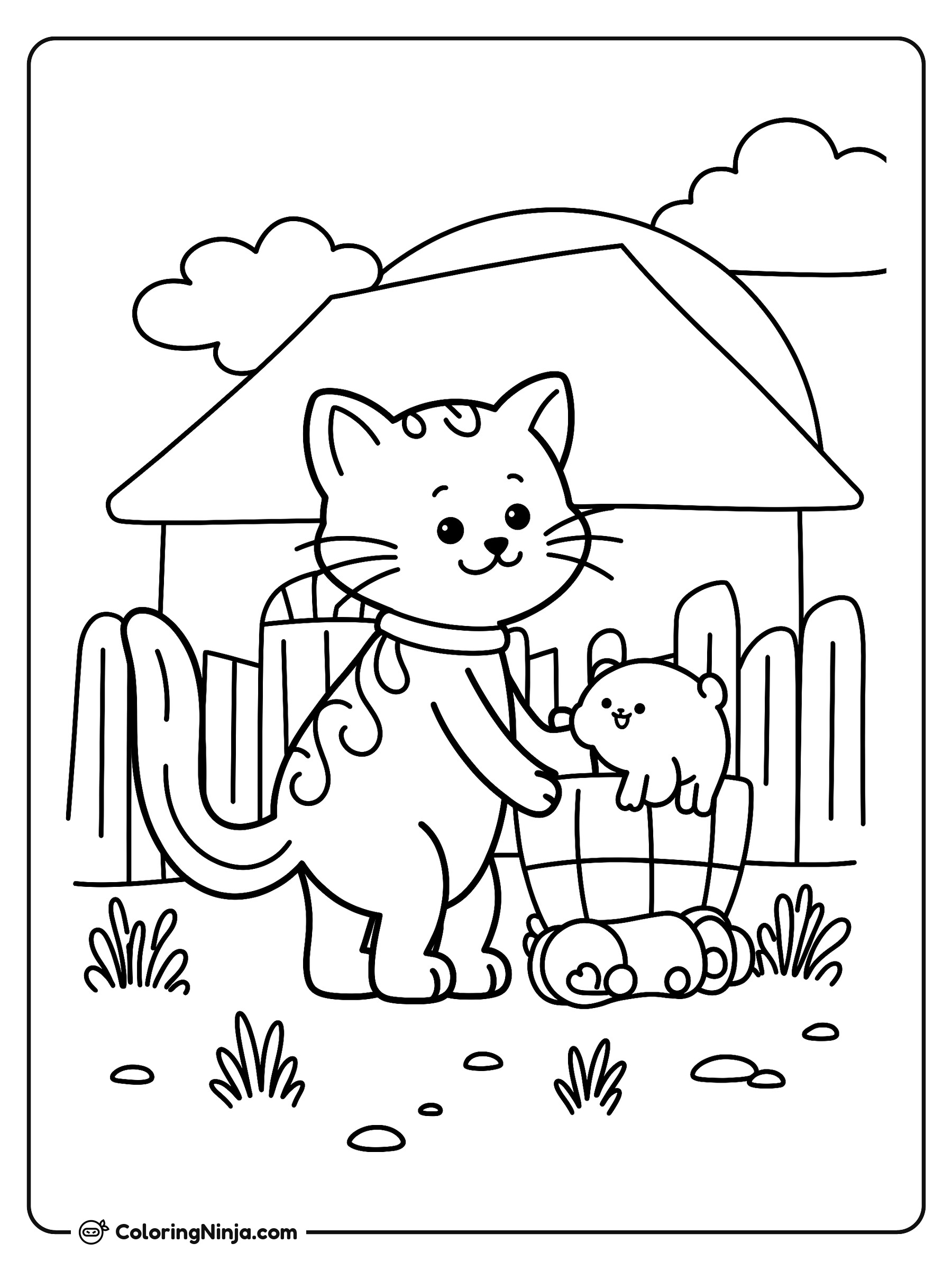 Gato de granja volviendo a casa: dibujo para colorear