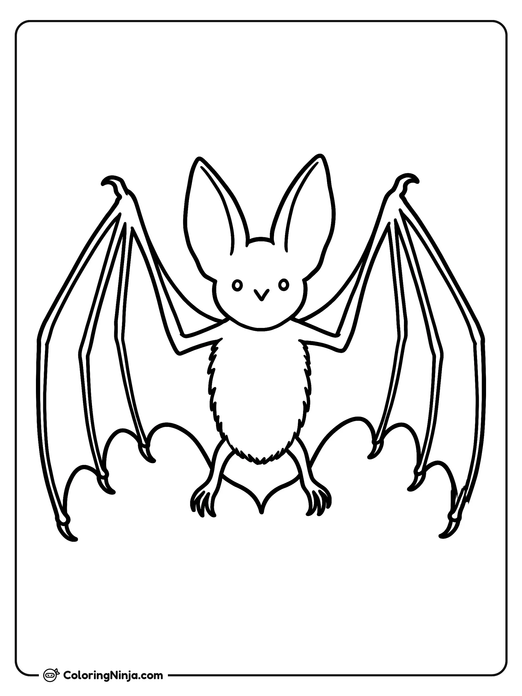 Un murciélago con las alas abiertas, dibujo para colorear: Un murciélago muestra sus grandes alas extendidas, su cuerpo peludo, orejas altas y puntiagudas y patas pequeñas.