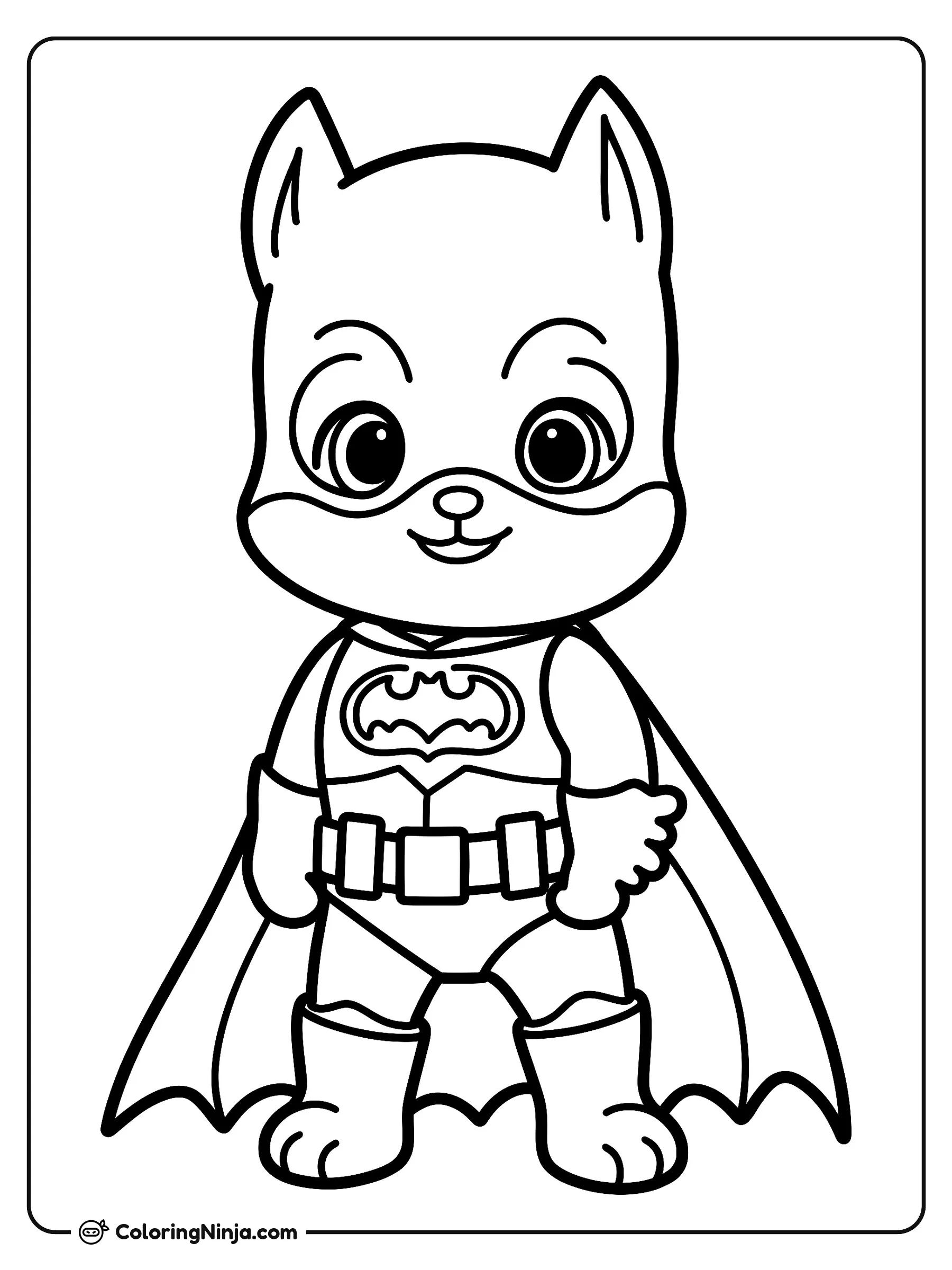 Lindo gato disfrazado de Batman, dibujo para colorear: Un tierno gatito se parado en una pose heroica usando el traje completo de Batman con capa y cinturón. El diseño incluye el icónico emblema del murciélago en el pecho del personaje.