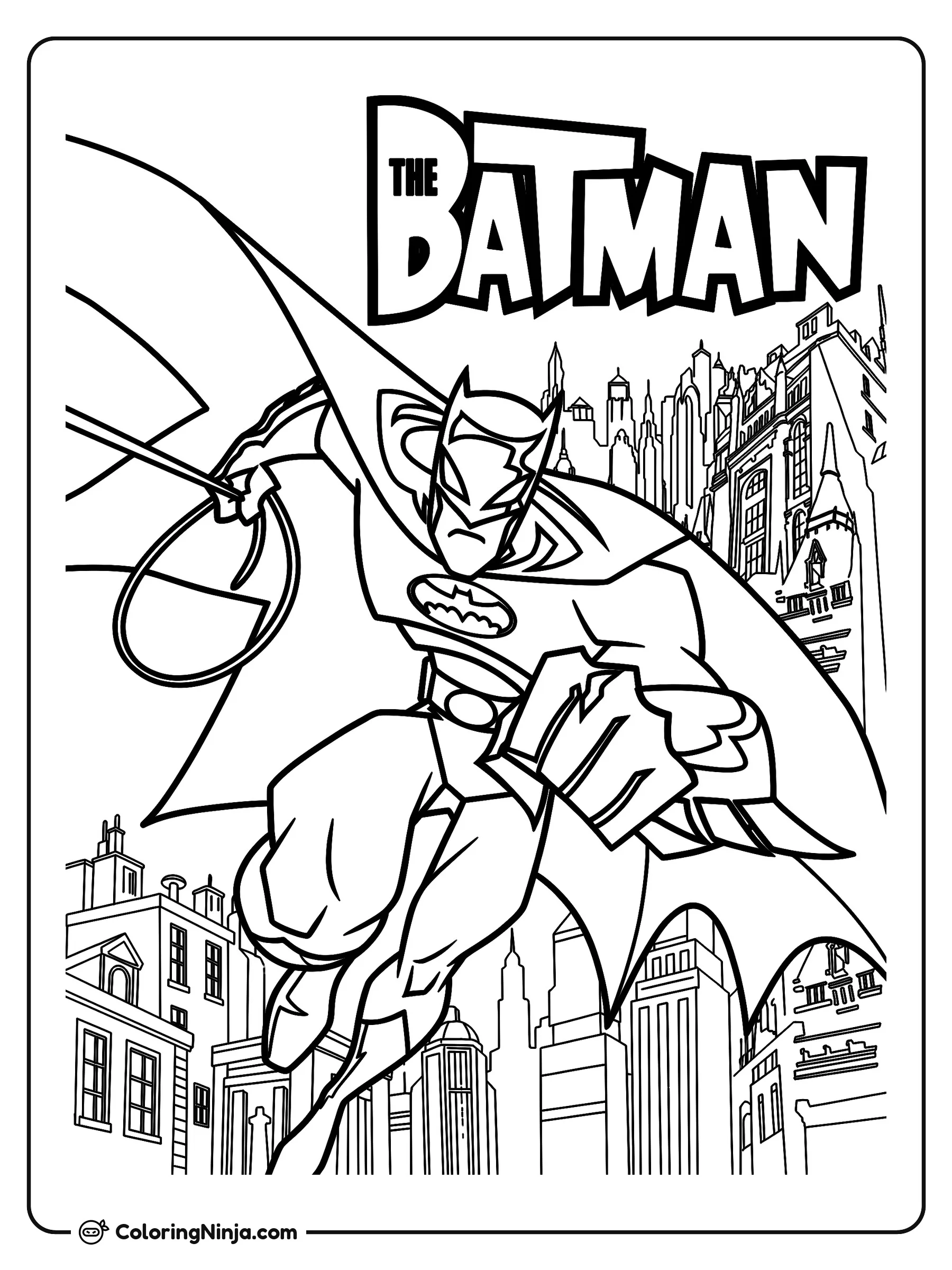Batman saltando con su cuerda de gancho, dibujo para colorear: Batman salta por los aires con su capa bien abierta sobre la ciudad. En la mano sostiene la cuerda de su gancho listo para la acción mientras se ven grandes edificios de fondo.
