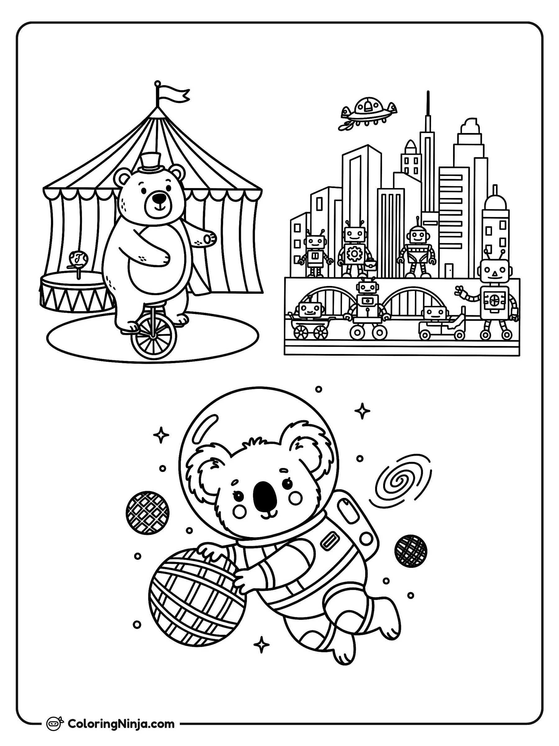 Oso en monociclo y koala espacial, dibujo para colorear: Un divertido oso con sombrero mantiene el equilibrio sobre un monociclo frente a una carpa de circo.
