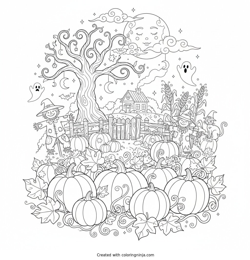 Aesthetic Autumn Pumpkin Patch Coloring Page