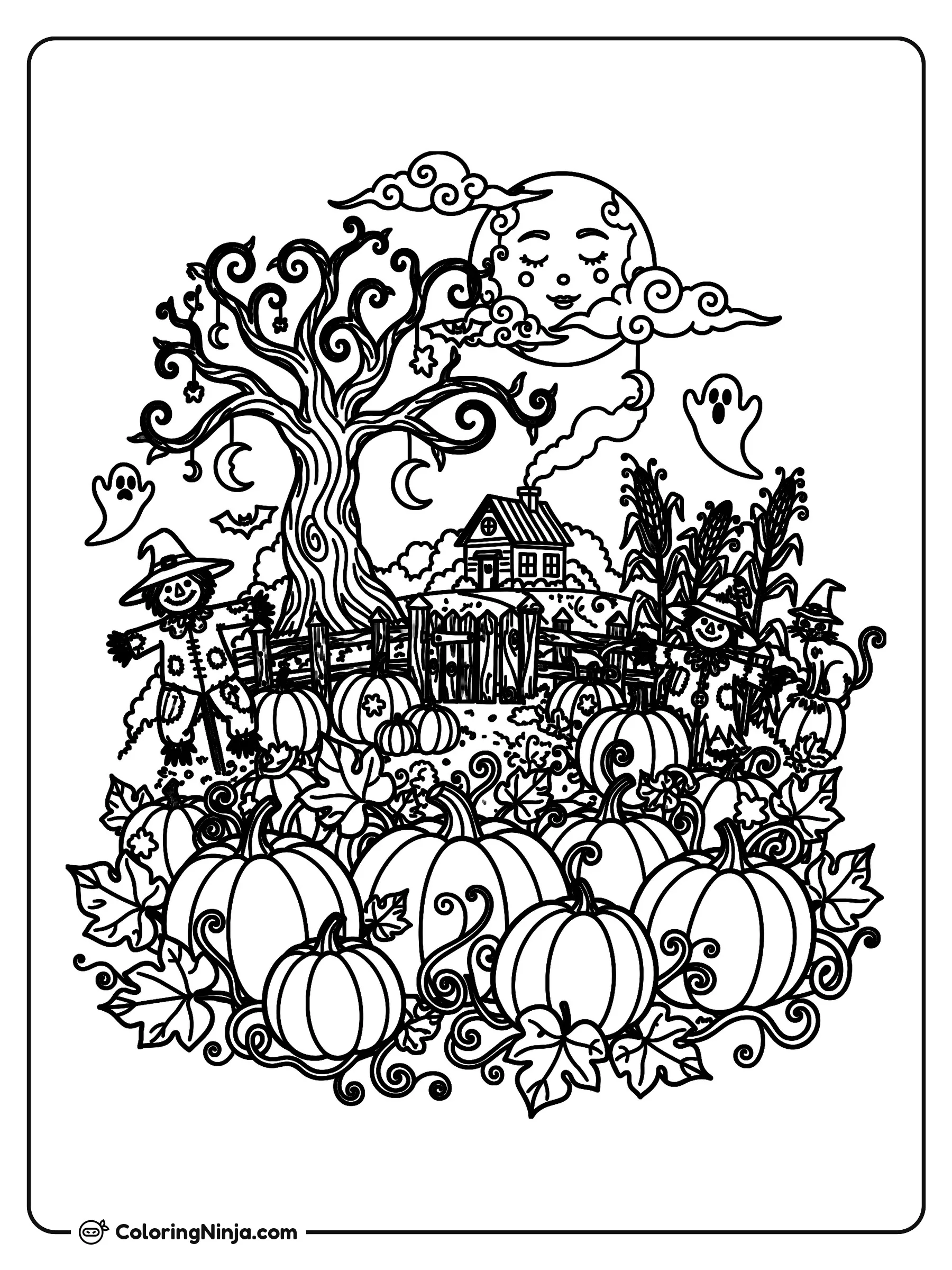 Huerto de calabazas de otoño, dibujo para colorear: Esta acogedora escena muestra un huerto de calabazas listo para celebrar Halloween entre hojas y espantapájaros.