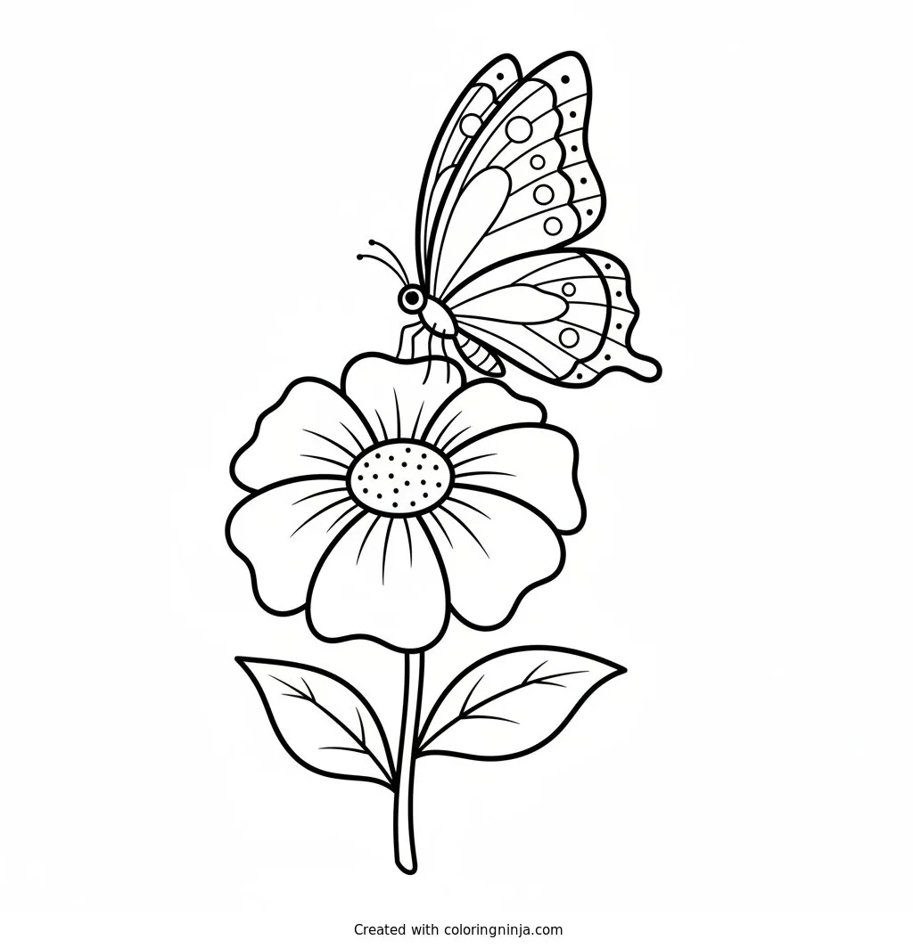A Butterfly on a Flower Coloring Page: This page features a butterfly resting on top of a flower. The butterfly sits with its wings open on the flower petals.
