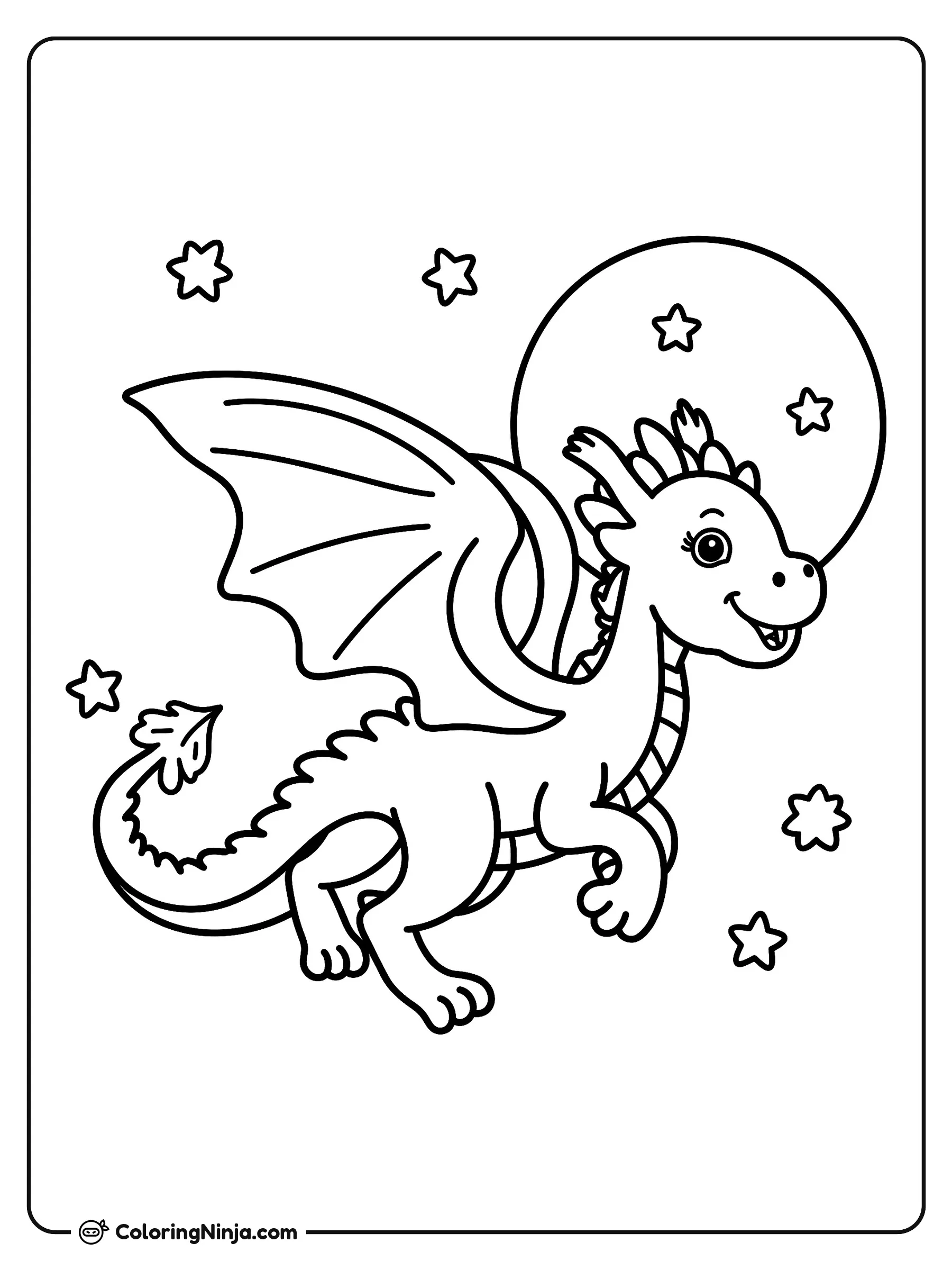 Dragón amigable volando en el cielo nocturno, dibujo para colorear: Un simpático dragón vuela muy alto por el aire con las alas abiertas y una sonrisa en el rostro. Detrás de él resplandece una gran luna llena rodeada de estrellas brillantes.