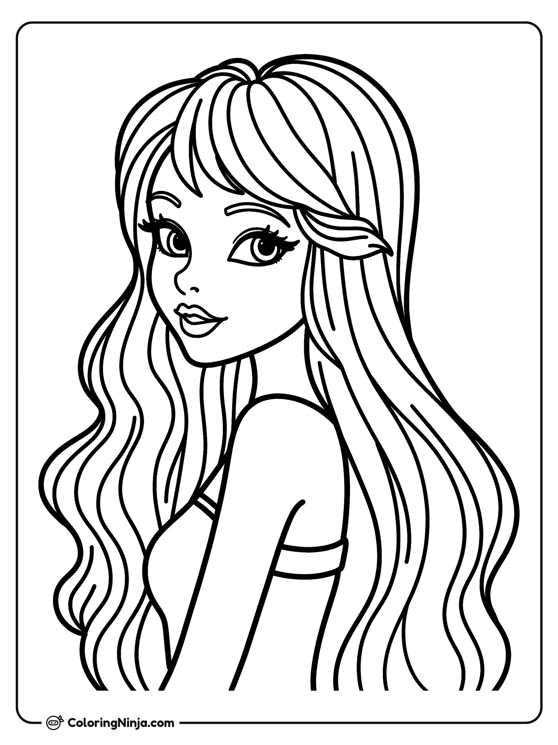 Una hermosa princesa hada, dibujo para colorear: Una hermosa princesa hada gira la cabeza hacia el frente con una sonrisa muy dulce. Su cabello es largo y ondulado, peinado con fleco y una delicada trenza a un lado.