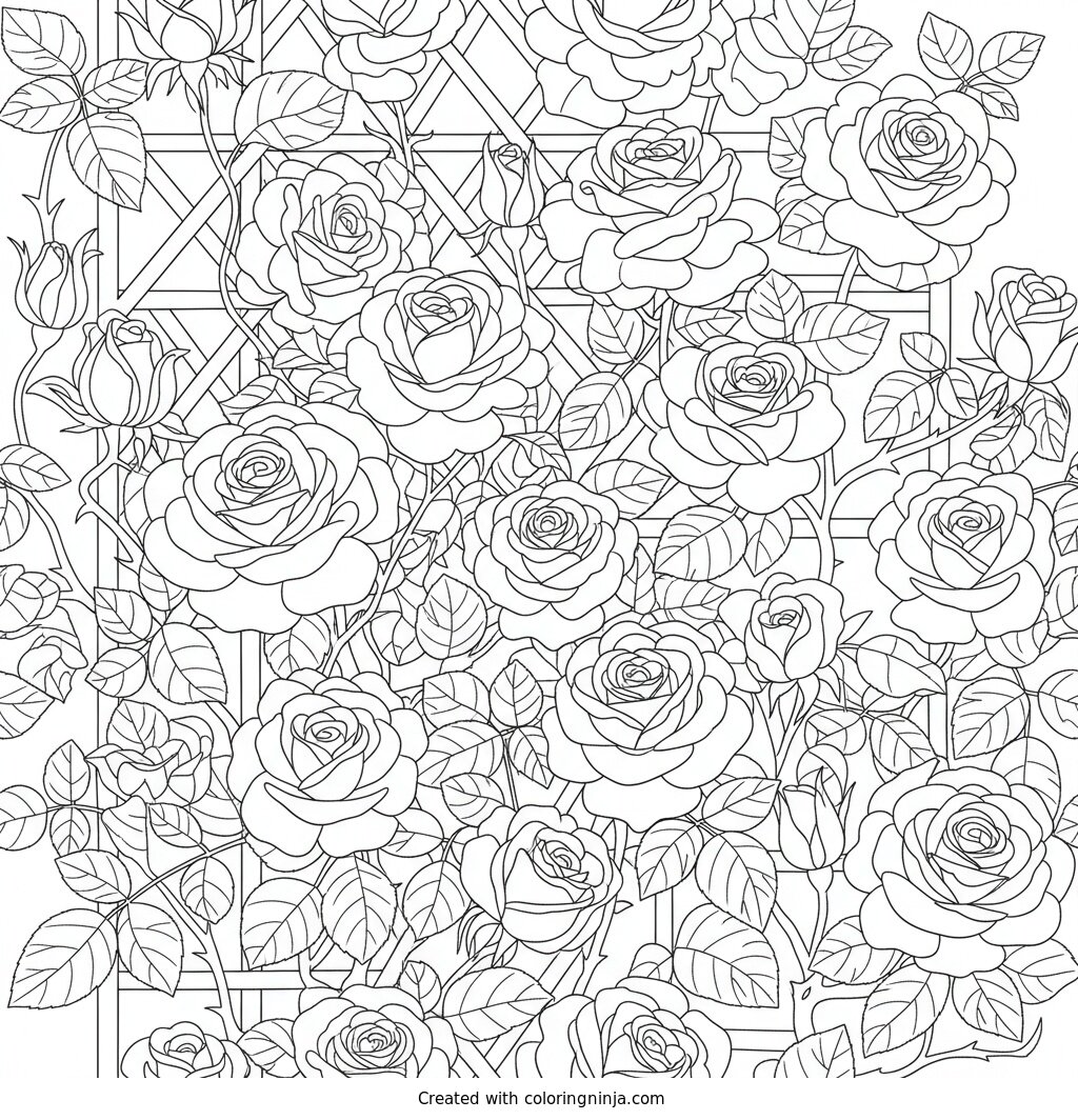 Un hermoso jardín de rosas: dibujo para colorear