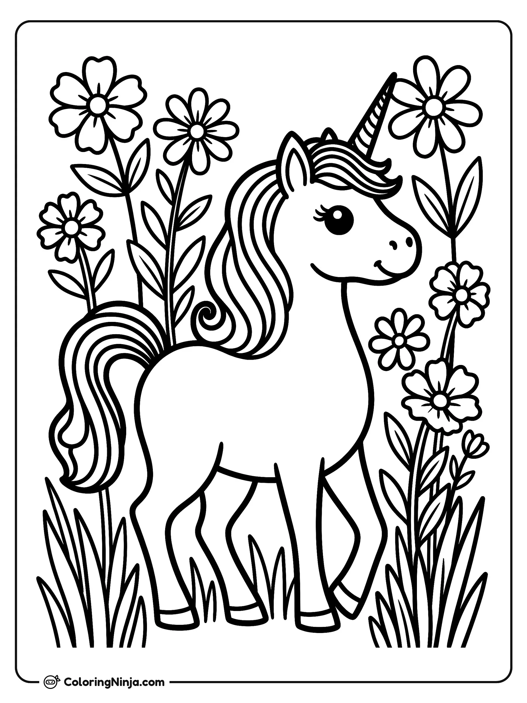 Unicornio en un prado mágico, dibujo para colorear: Un alegre unicornio posa con gracia en medio de un prado lleno de pasto alto y flores primaverales.