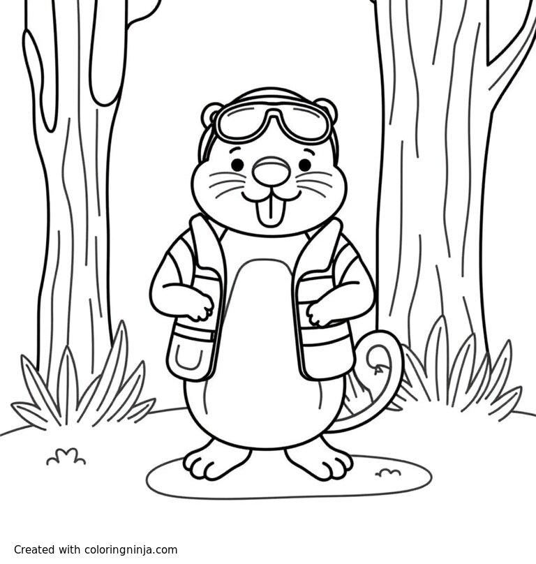 A coloring page of beaver in the forest wearing safety equipment
