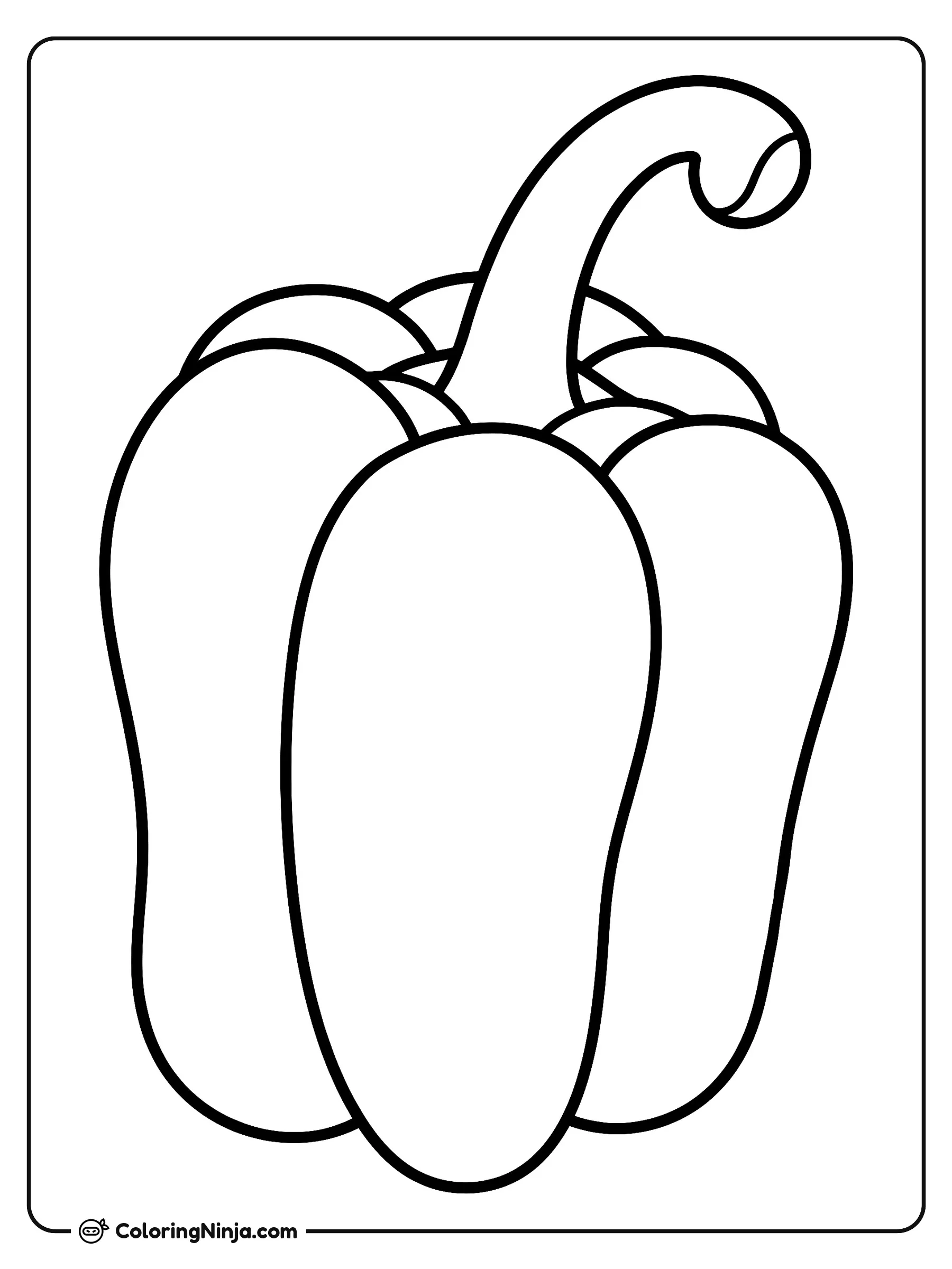 Un pimiento morrón fresco, dibujo para colorear: Un pimiento morrón fresco destaca en el centro con sus formas redondeadas y un tallo curvo en la parte superior.