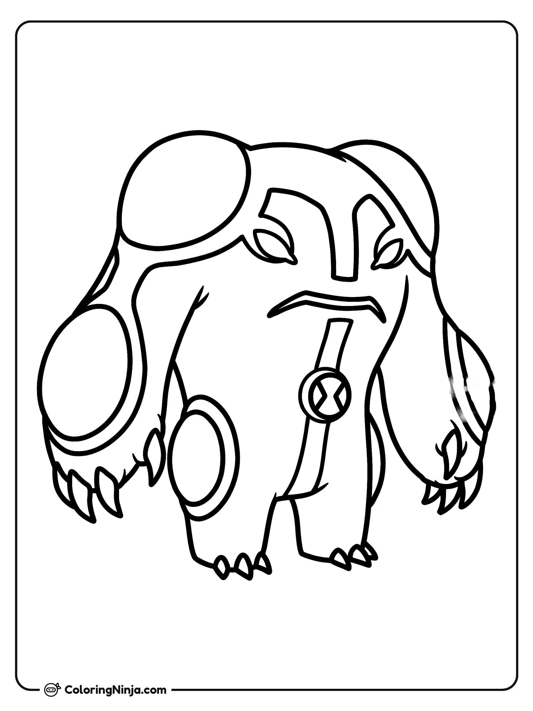 Transformación alienígena Cannonbolt de Ben 10, dibujo para colorear: El alienígena Cannonbolt se encuentra listo para la acción en una poderosa postura hacia adelante.