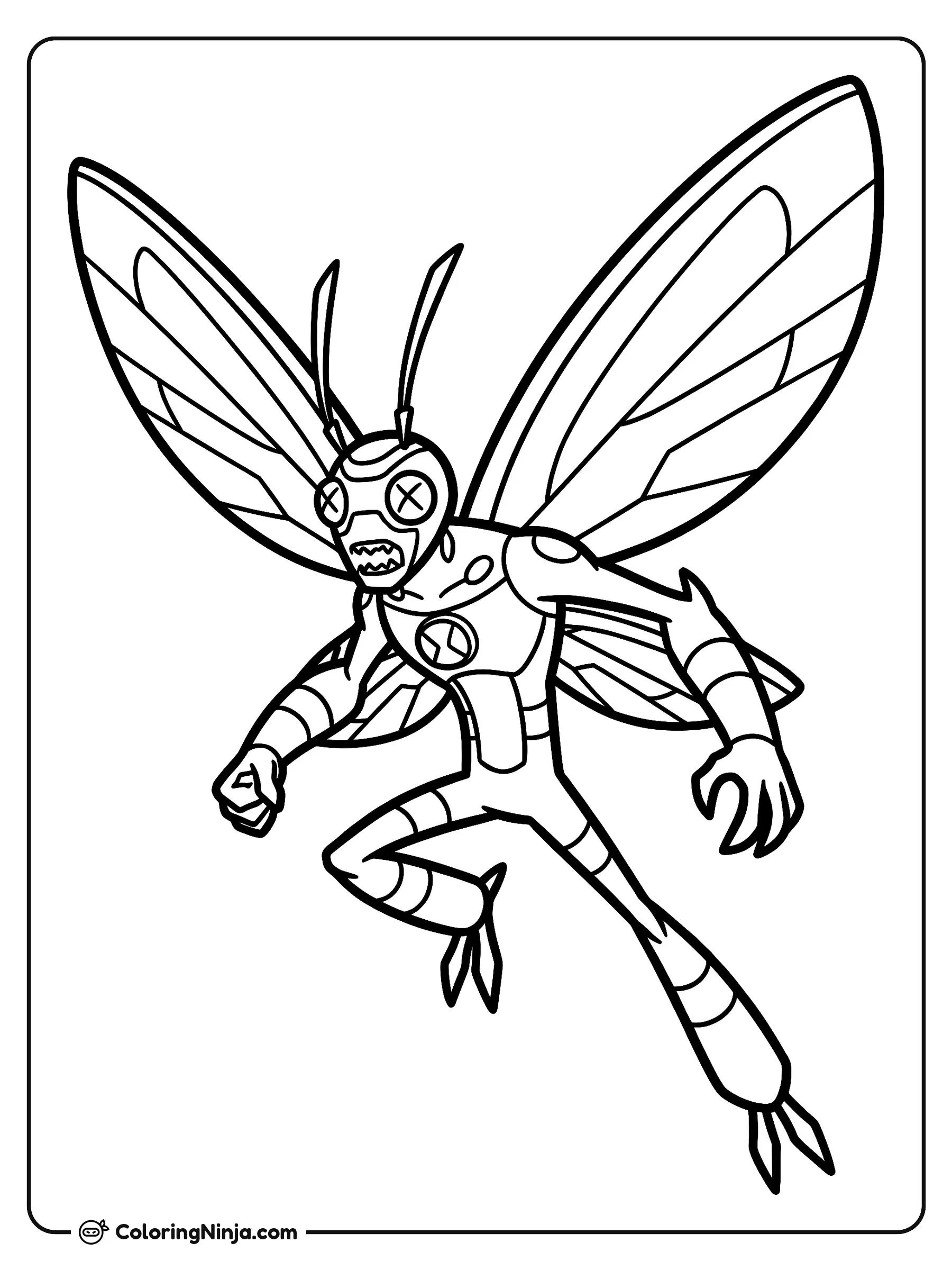 Stinkfly de Ben 10 listo para la acción, dibujo para colorear: Stinkfly, el alienígena de Ben 10, flota en el aire con sus cuatro grandes alas de insecto desplegadas.