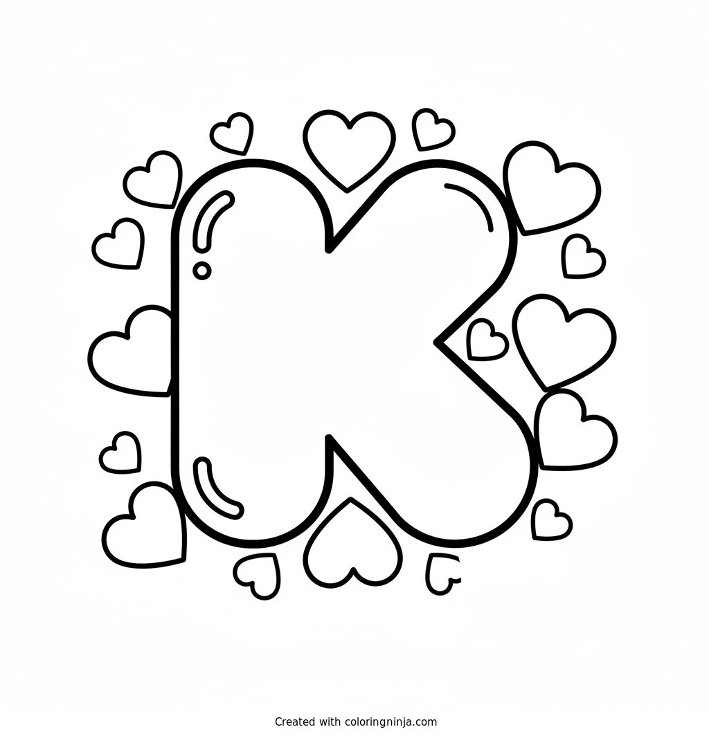 Big Bubble Letter Initial K Surrounded by Hearts Coloring Page