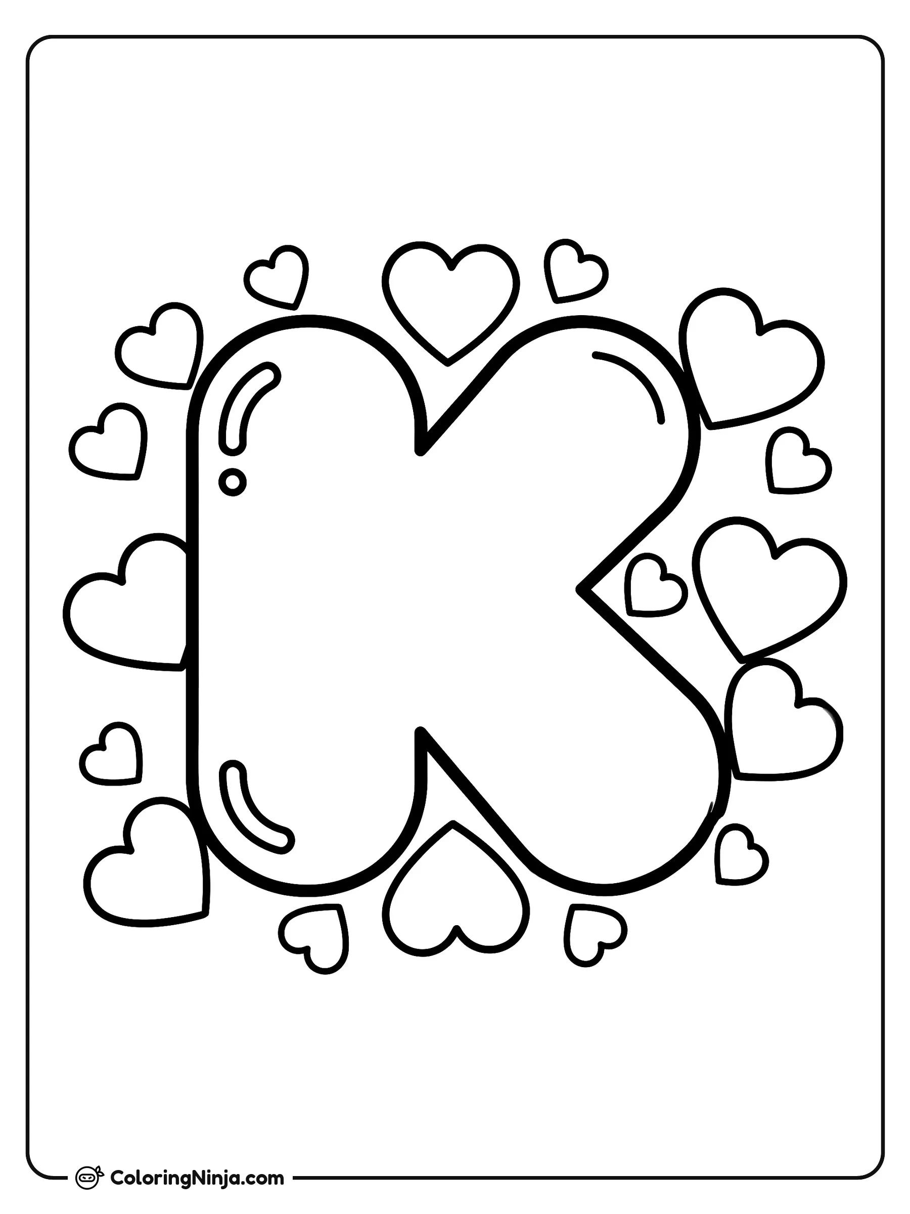 Letra K grande con corazones, dibujo para colorear: Una gran letra K mayúscula de estilo burbuja se encuentra rodeada por un marco lleno de tiernos corazones de varios tamaños.