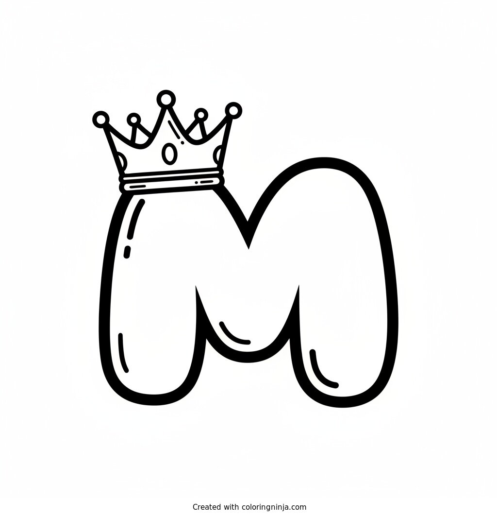 Big Bubble Letter Initial M with a Crown on Top Coloring Page