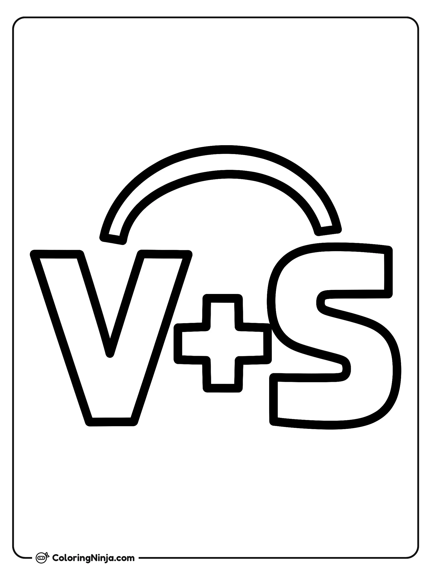 Símbolo de letras V más S, dibujo para colorear: Una letra mayúscula V se encuentra junto a una letra S con un símbolo de más ubicado entre ellas. Un arco curvado se extiende sobre la parte superior de ambas letras para conectar el diseño.