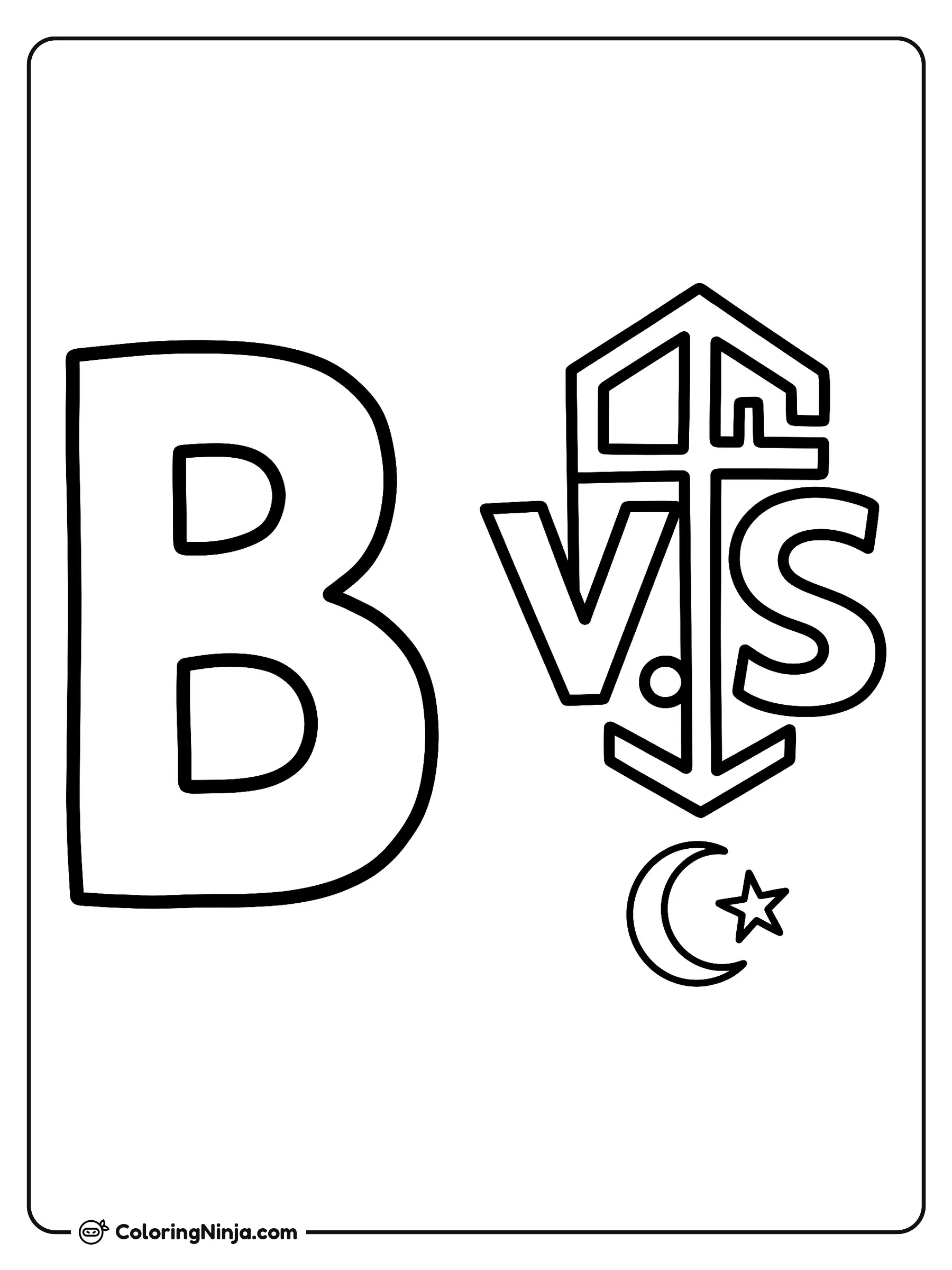 Letra B y símbolos, dibujo para colorear: Una gran letra B mayúscula se encuentra en el lado izquierdo de la imagen.