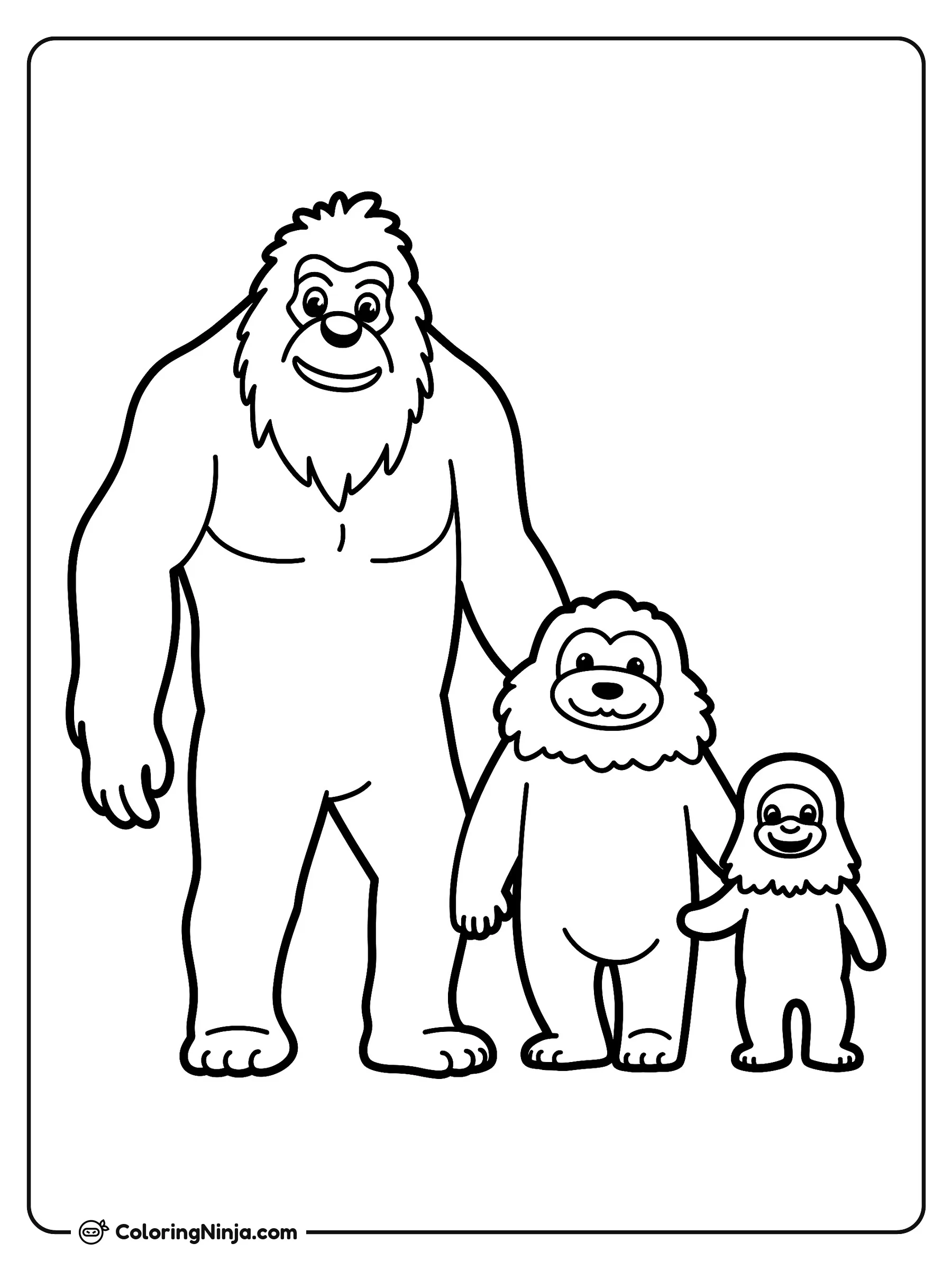 Familia de Bigfoot, dibujo para colorear: Una amigable familia de Bigfoot posa junta en fila, desde el adulto más alto hasta el más pequeño de la casa.