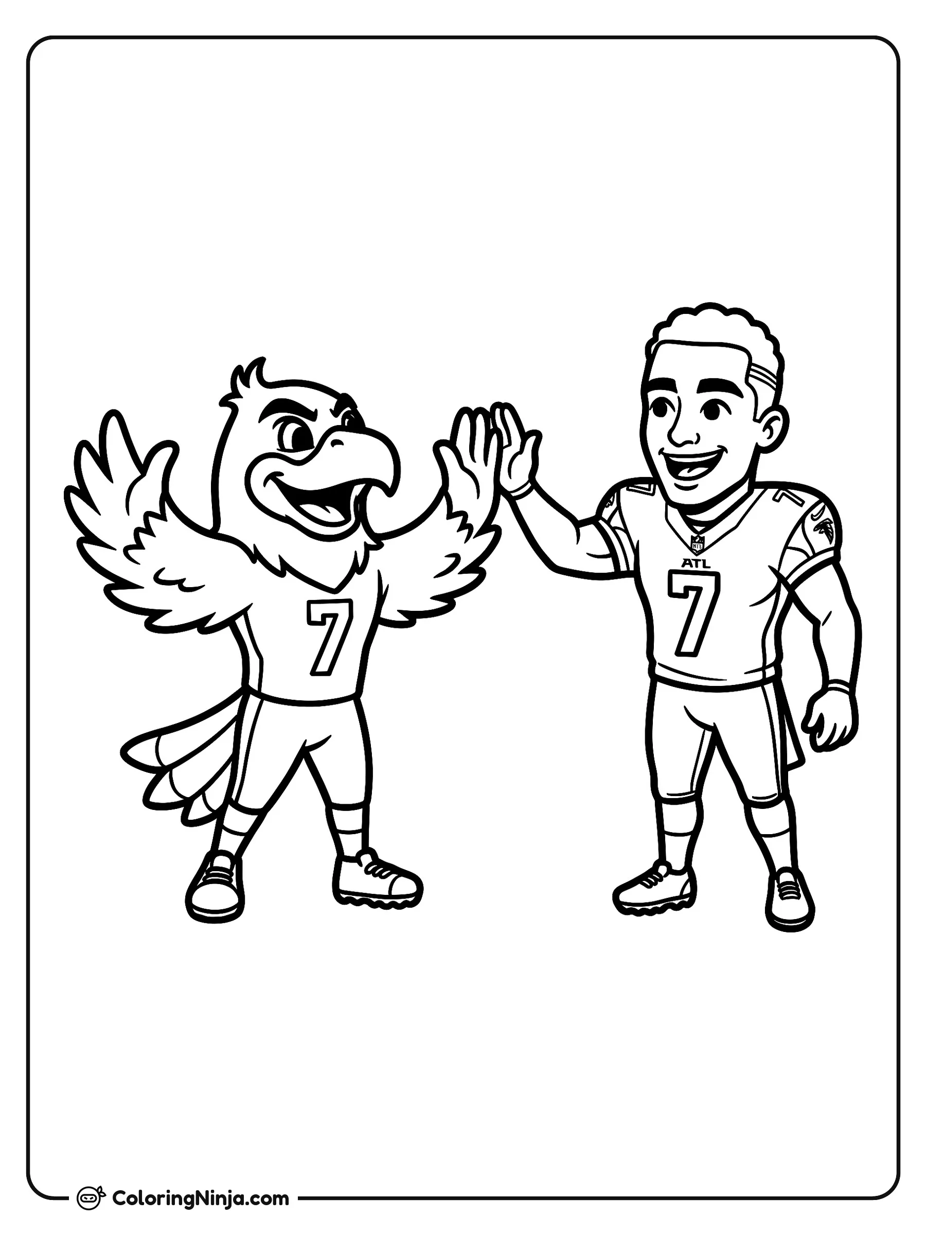 Choca Esos Cinco Bijan Robinson Caricatura, dibujo para colorear: Bijan Robinson comparte un alegre choque de manos con una mascota deportiva con forma de halcón.